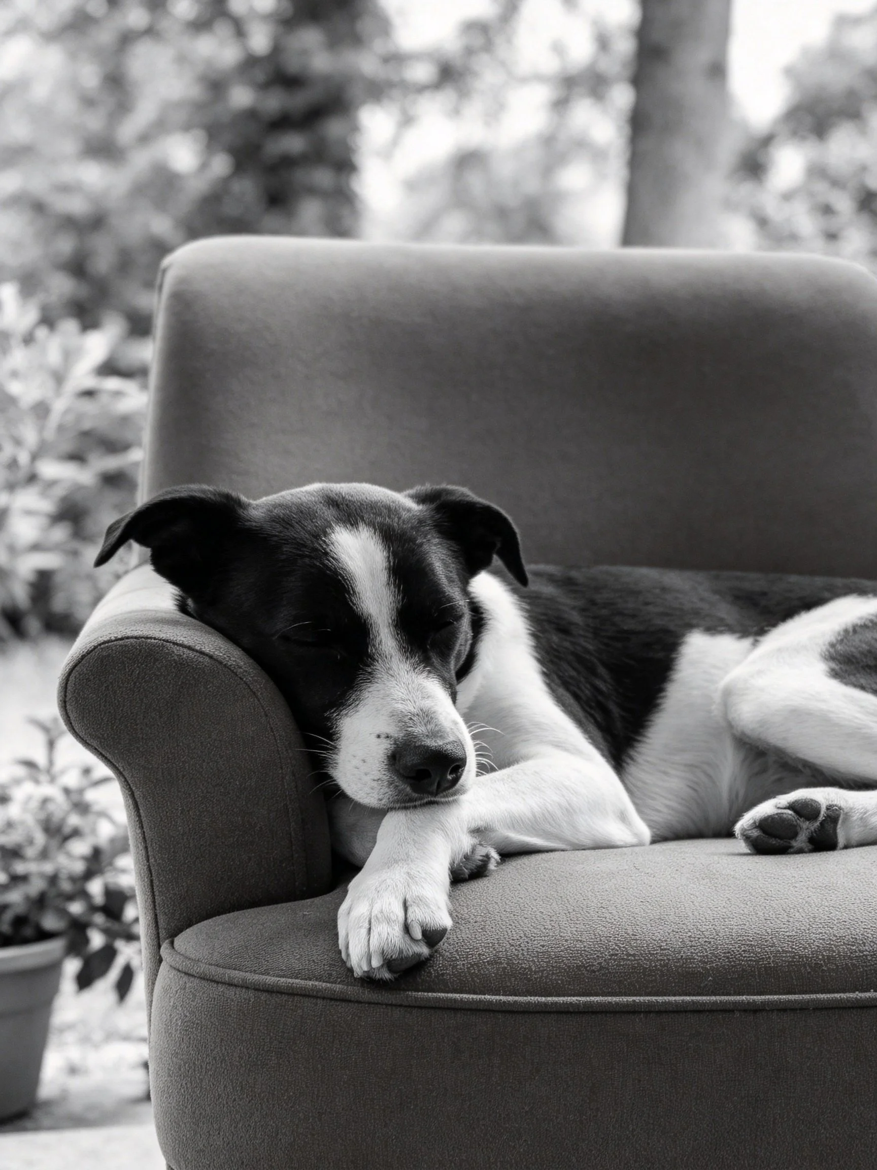 A black and white dog relaxes on a gray armchair amidst an outdoor environment.