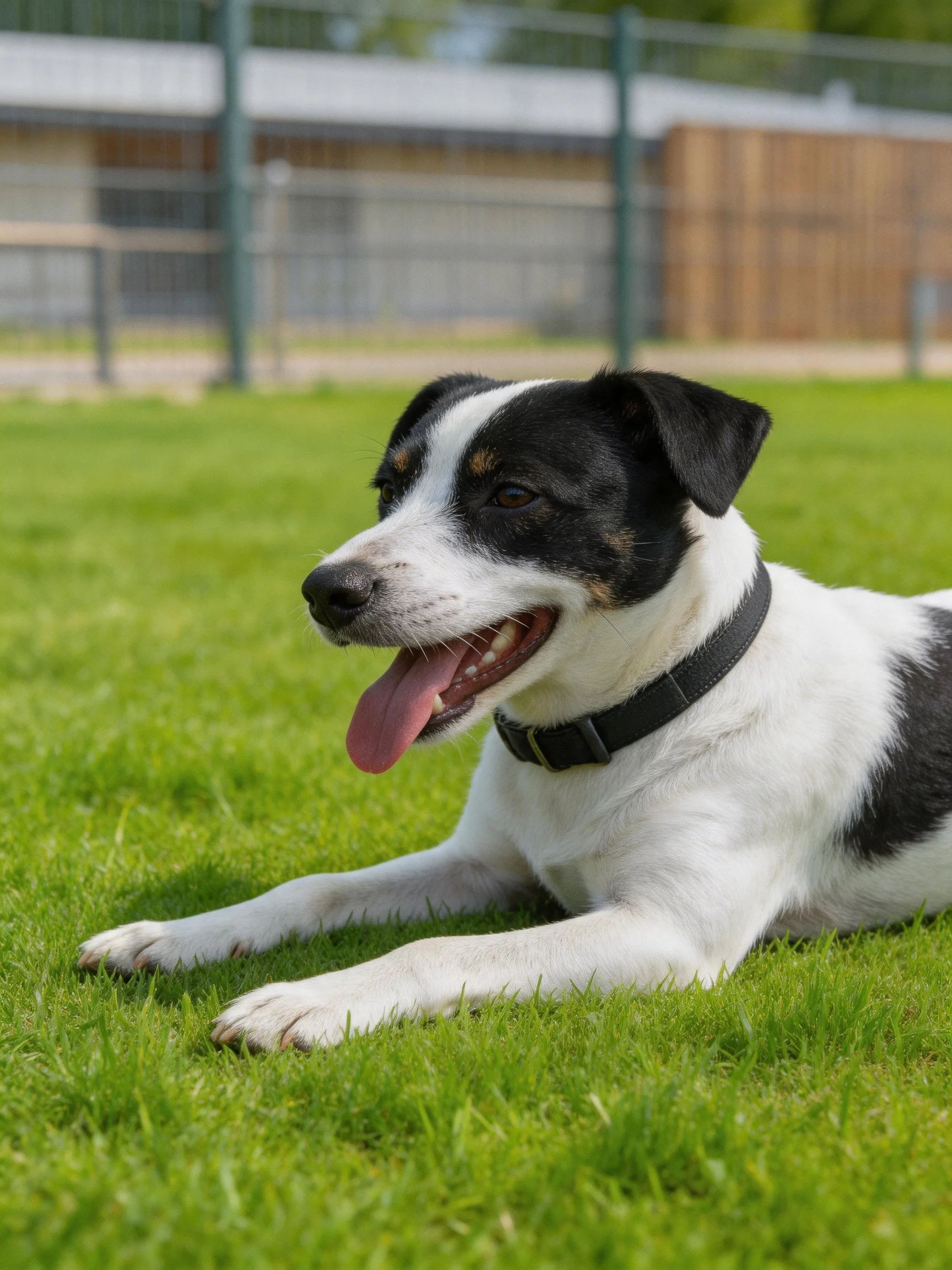 A black and white dog relaxes on green grass in an outdoor area.