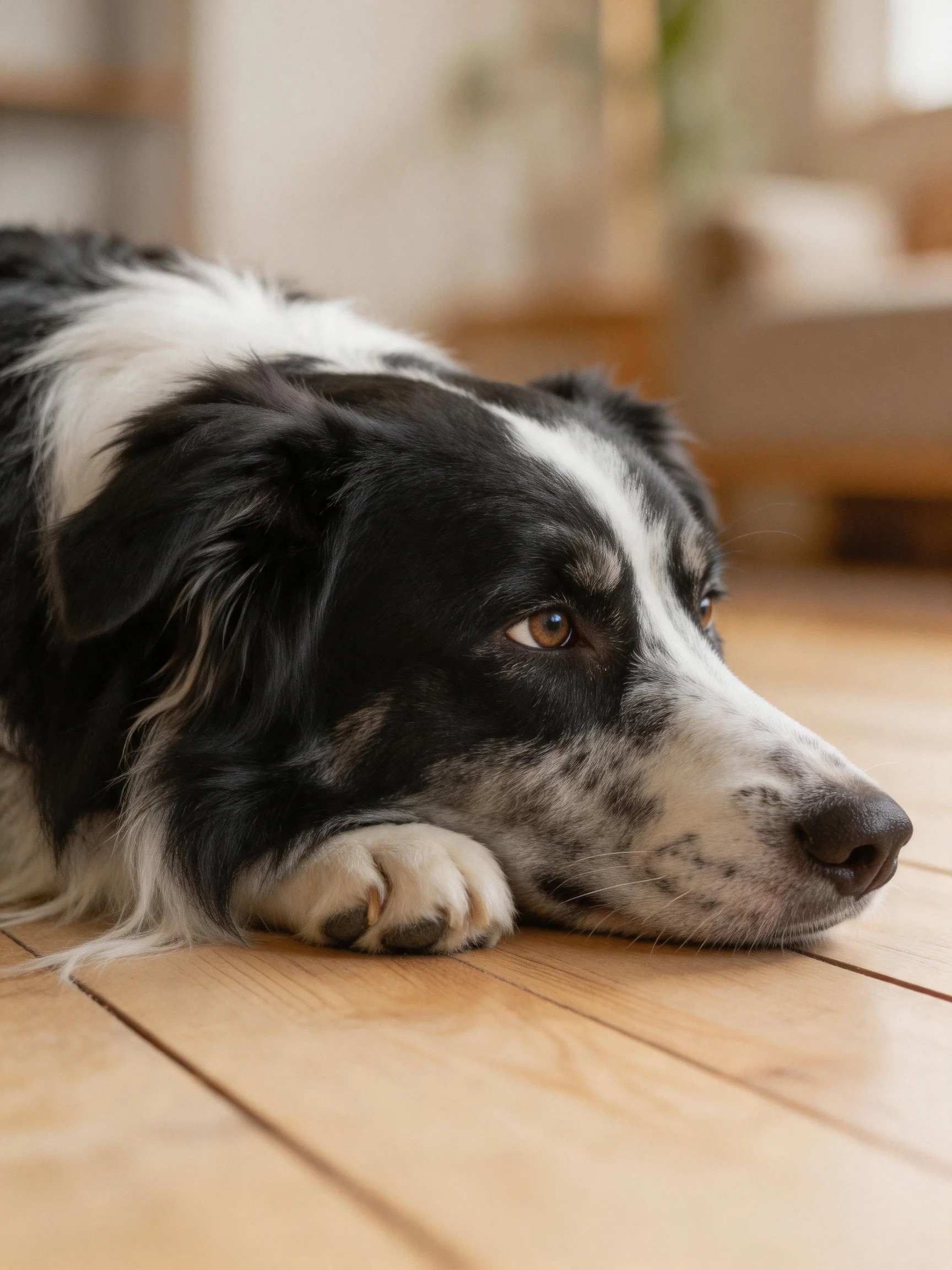 A black and white dog rests calmly on a wooden floor indoors.