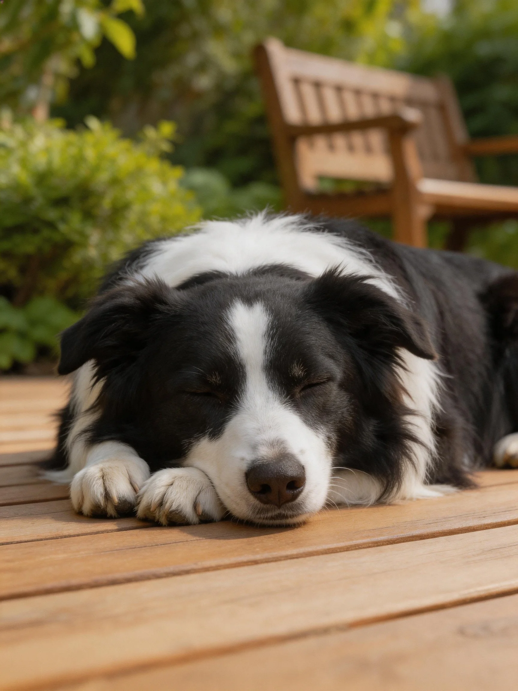 Black and white dog rests on wooden patio amid greenery