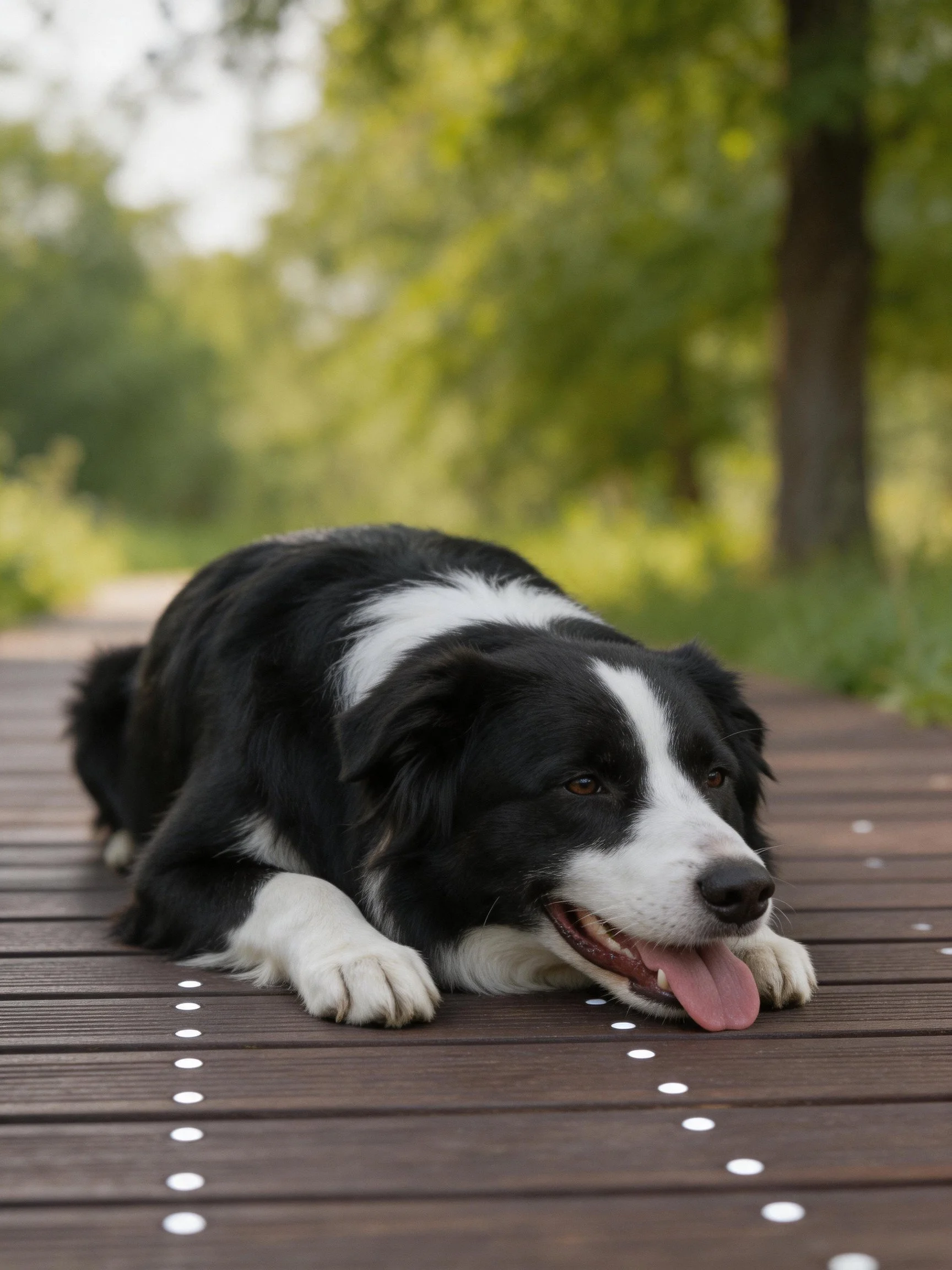 A black and white dog relaxes on a wooden surface amid greenery.