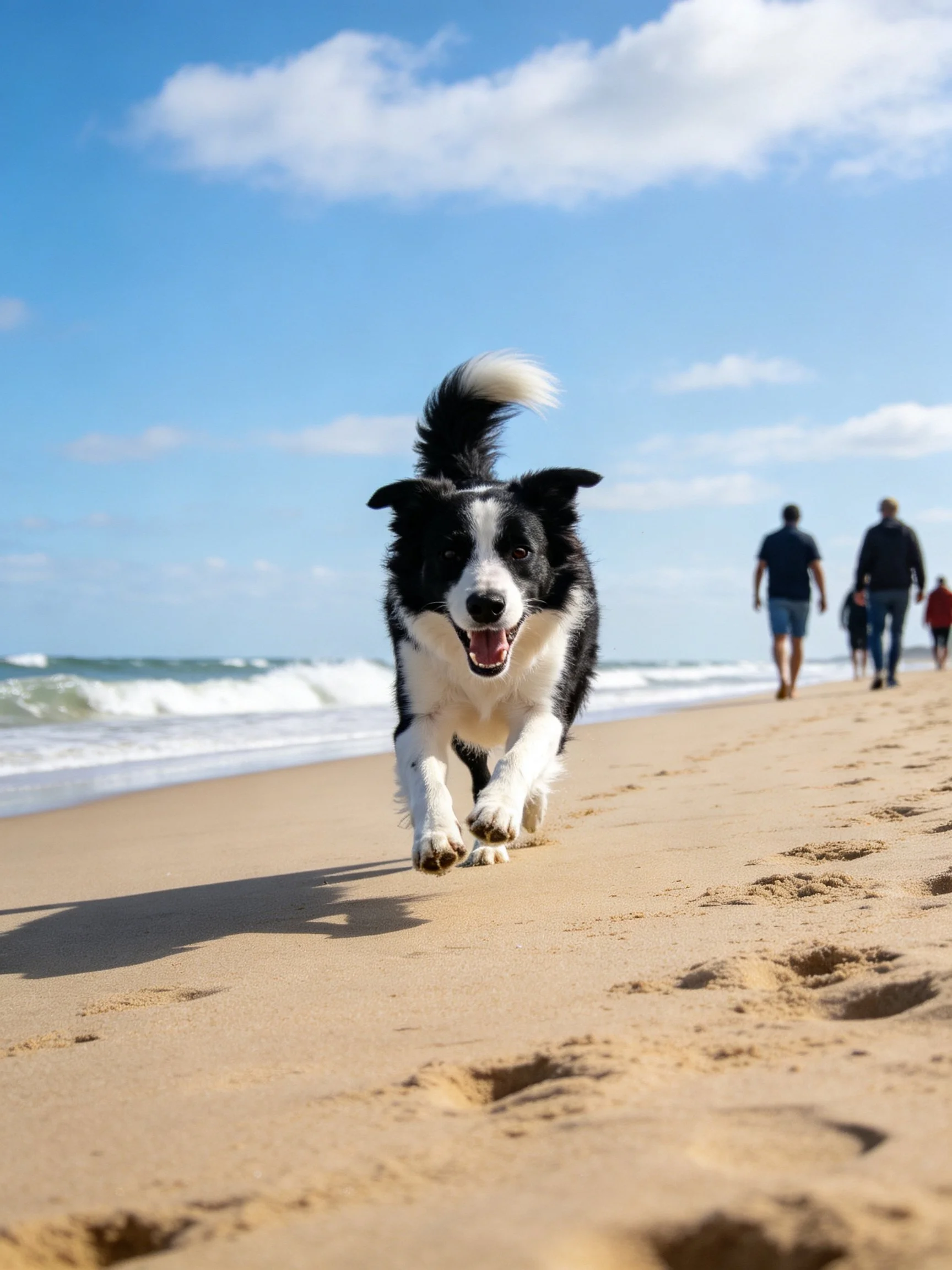 Black and white dog running on sandy beach near ocean