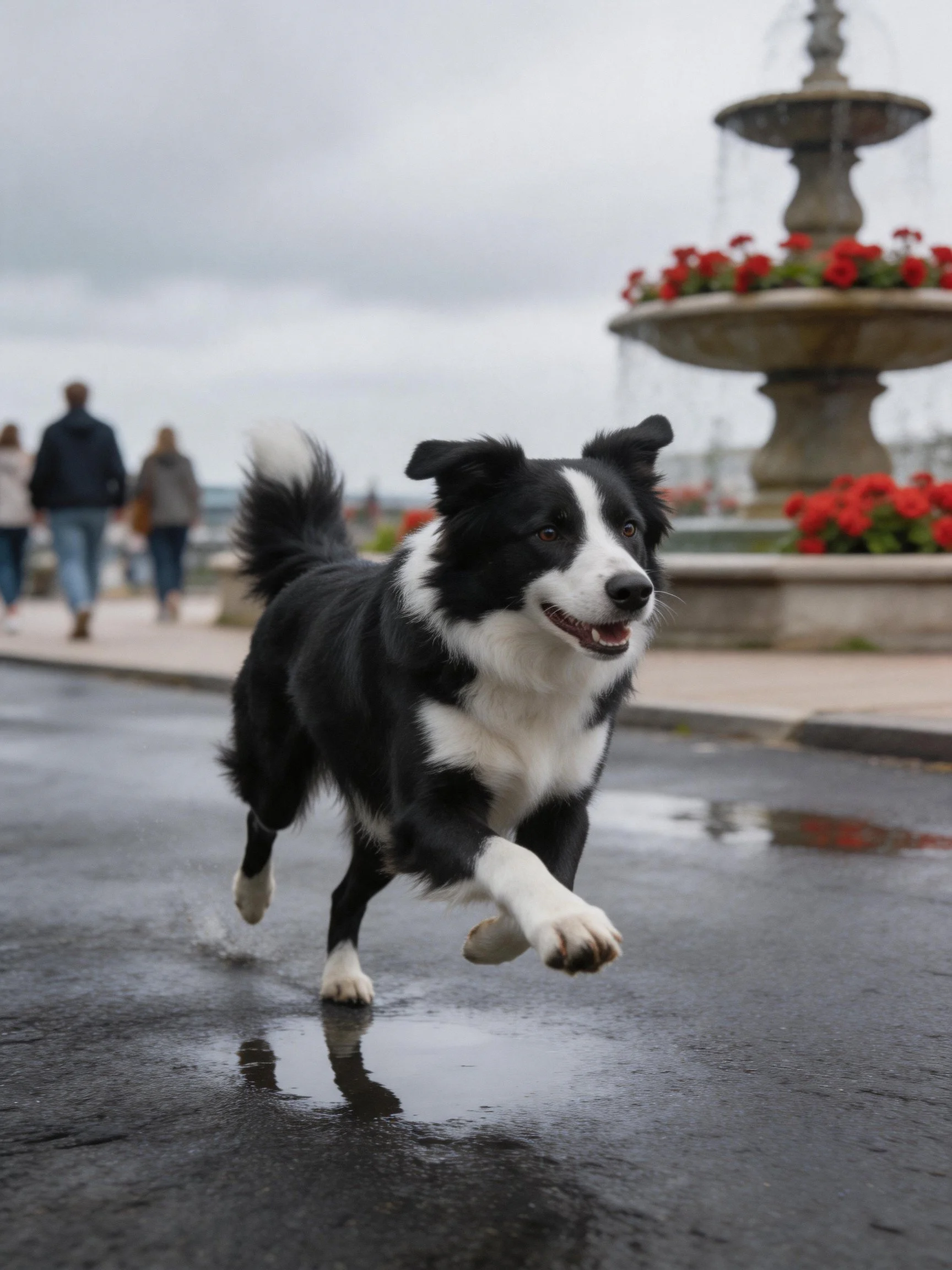 Black and white dog runs near tiered fountain with red flowers