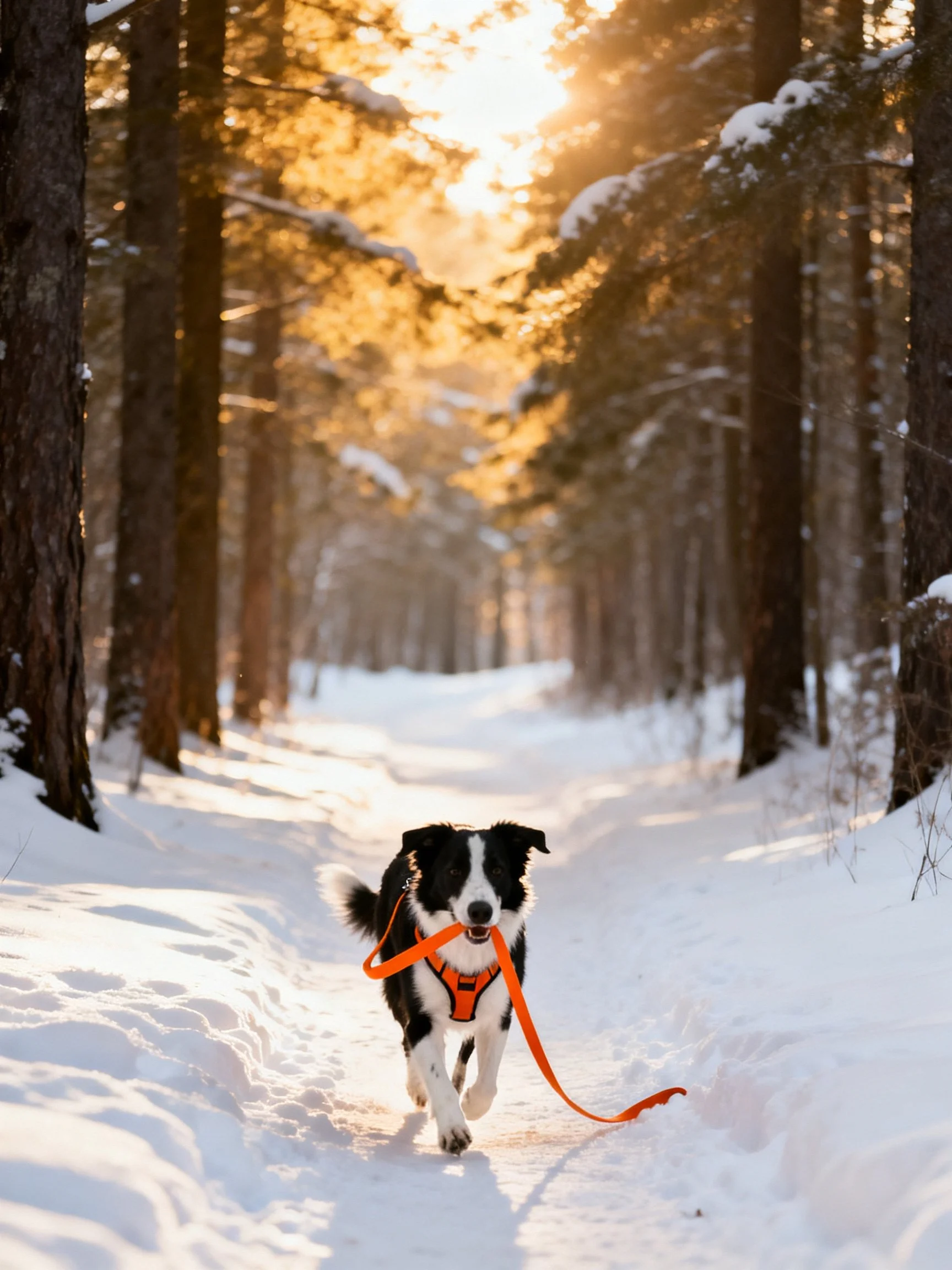 Black and white dog runs through snowy forest path with bright orange leash