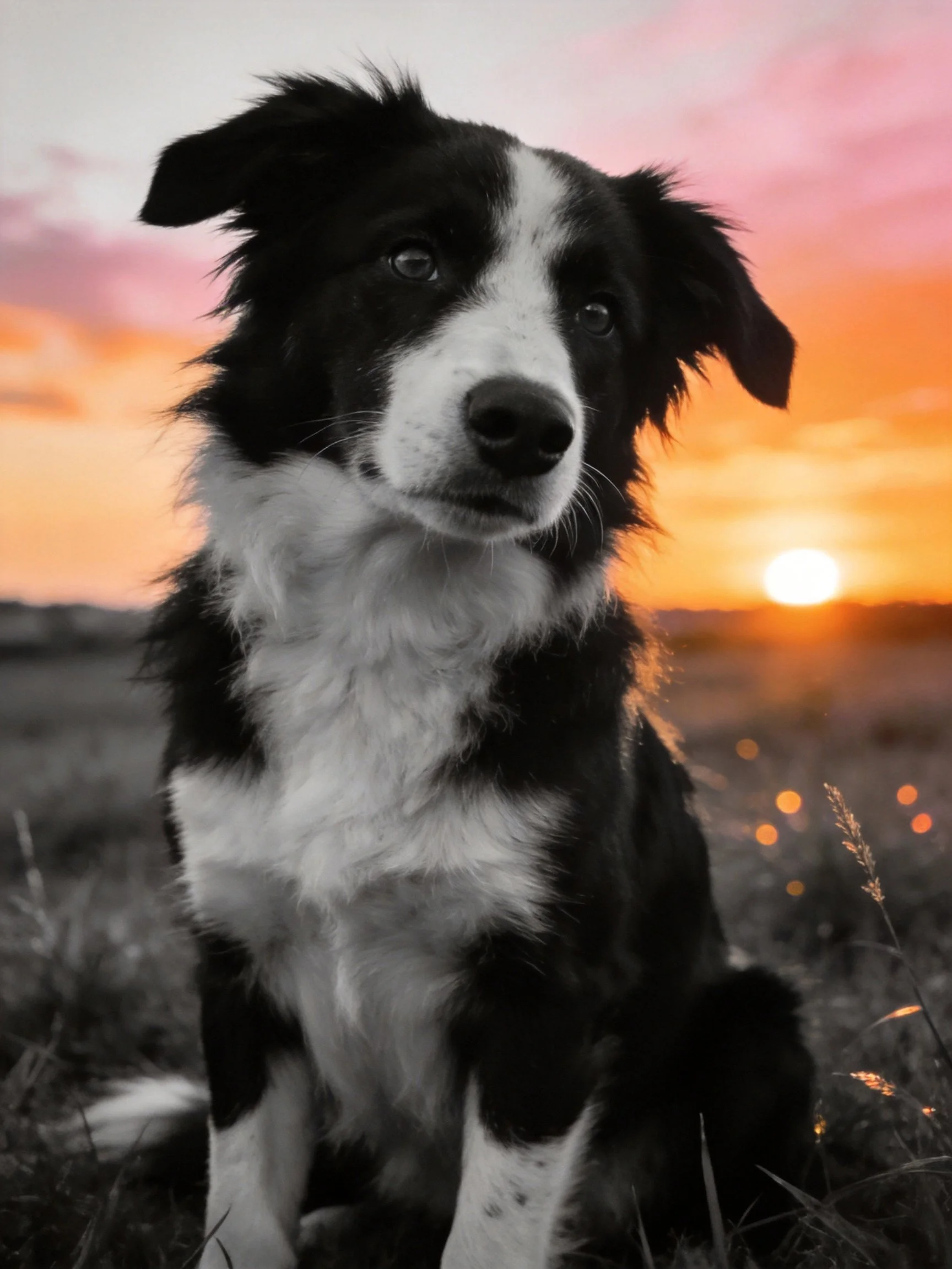 A black and white dog sits calmly amid a colorful sunset backdrop.