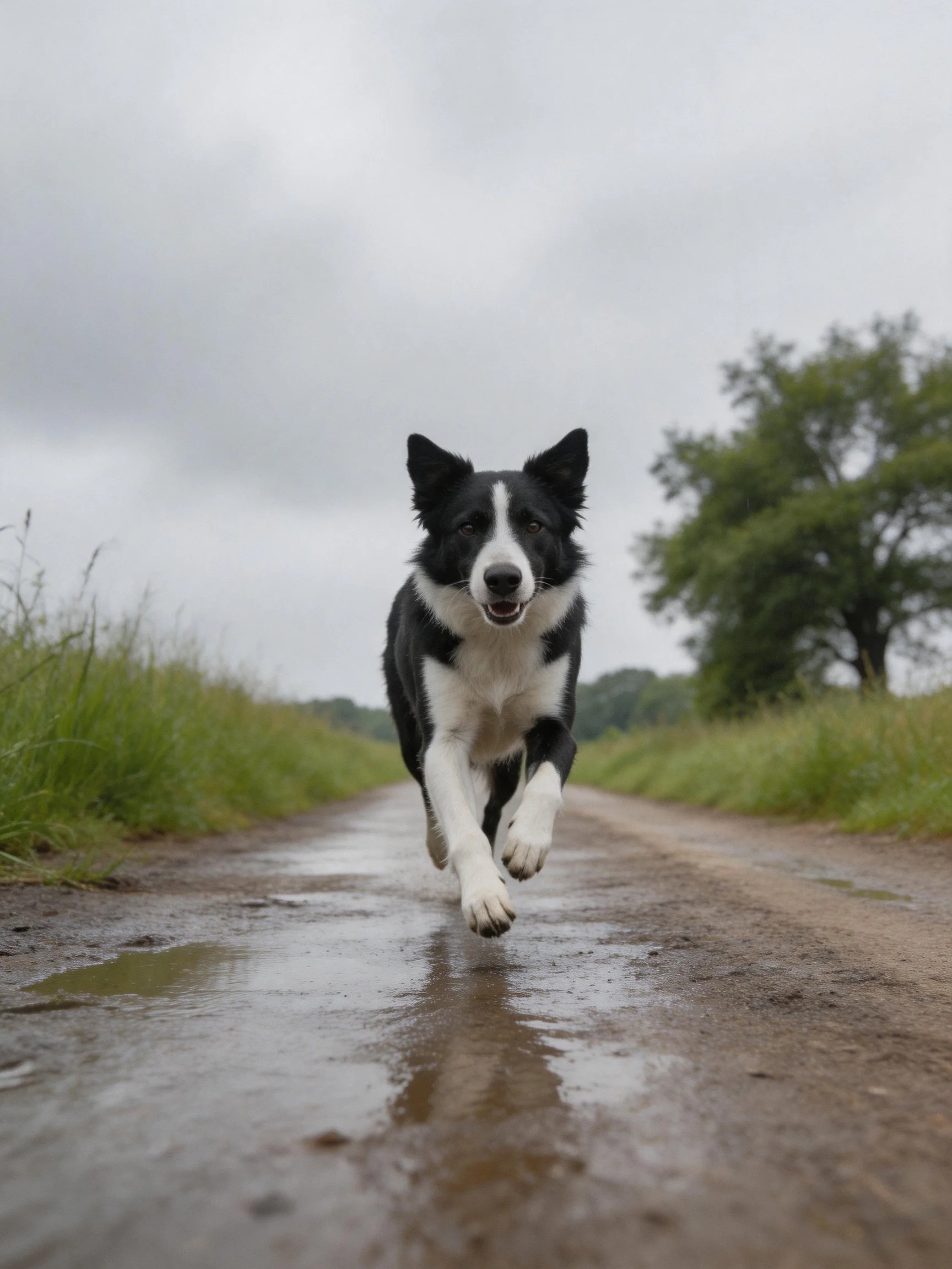A black and white dog runs toward the viewer on a wet country road.