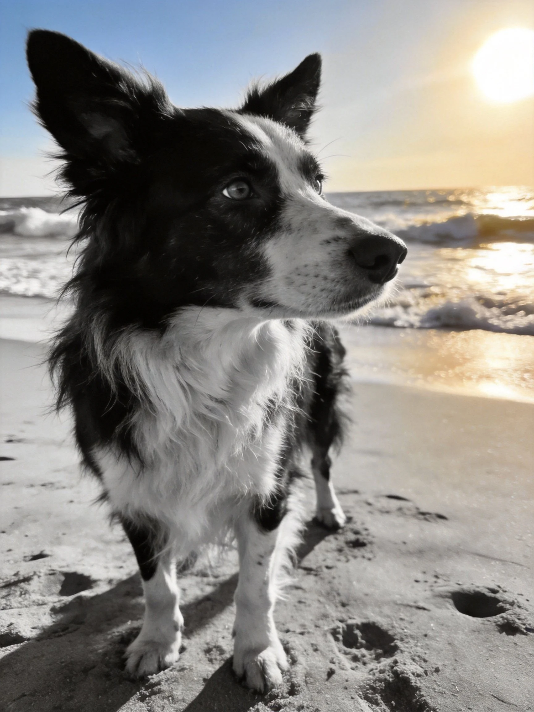 A black and white dog stands on a sandybeach near the ocean.