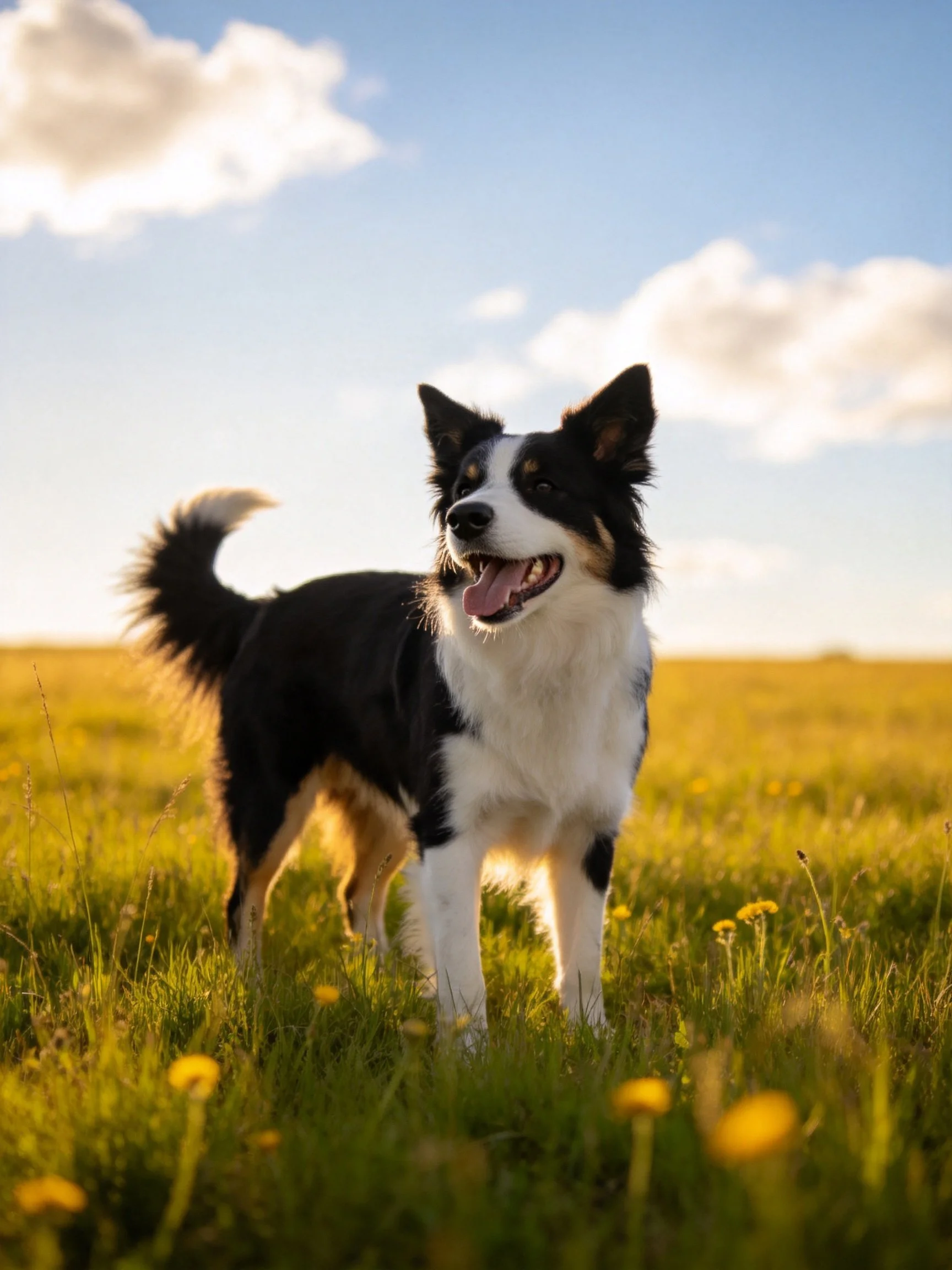 A black and white dog enjoys a sunny day in a flower - filled meadow.