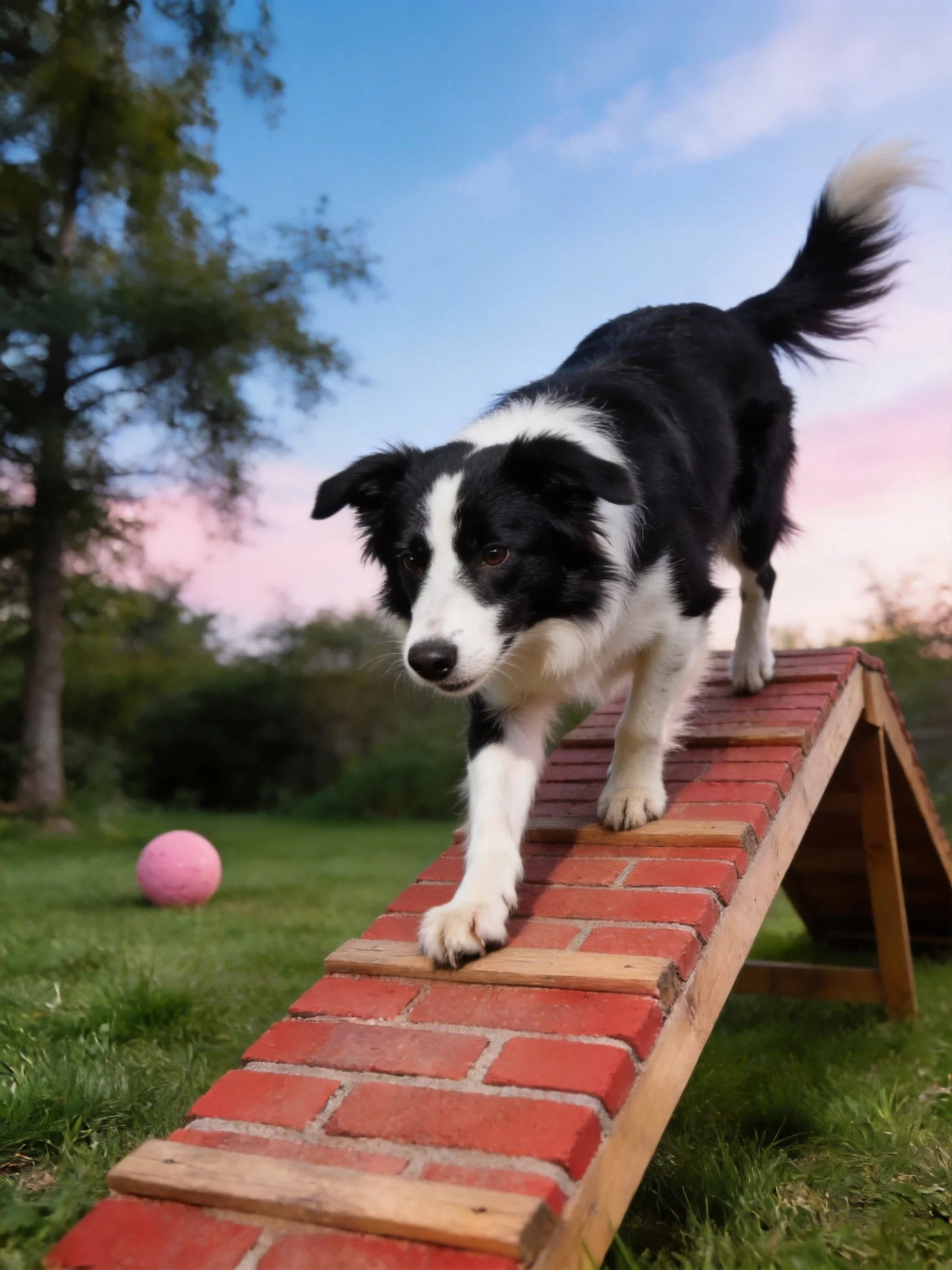 Black and white dog traverses brick ramp near pink ball