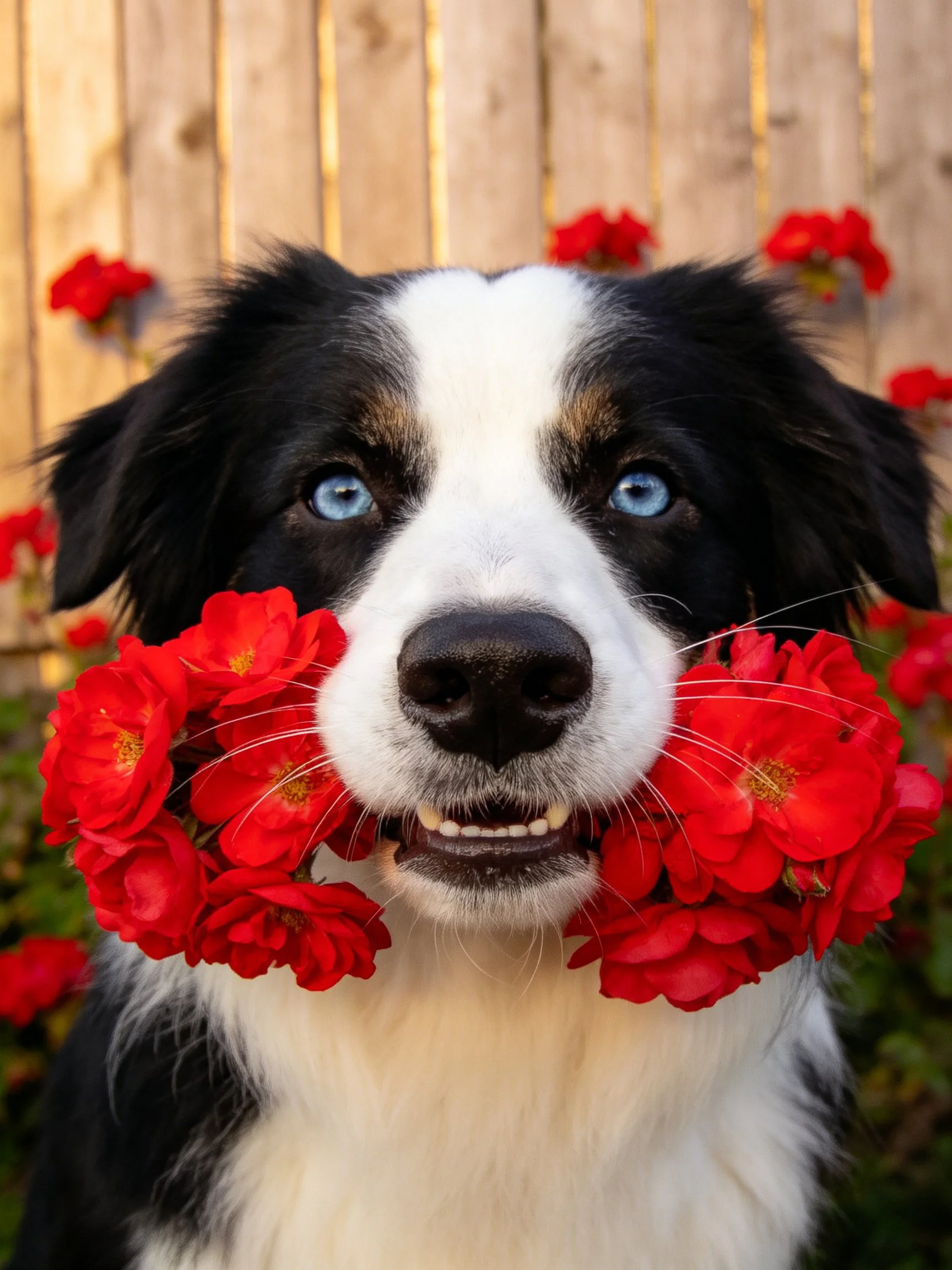 A black and white dog with blue eyes carries red flowers near a weathered wooden fence.