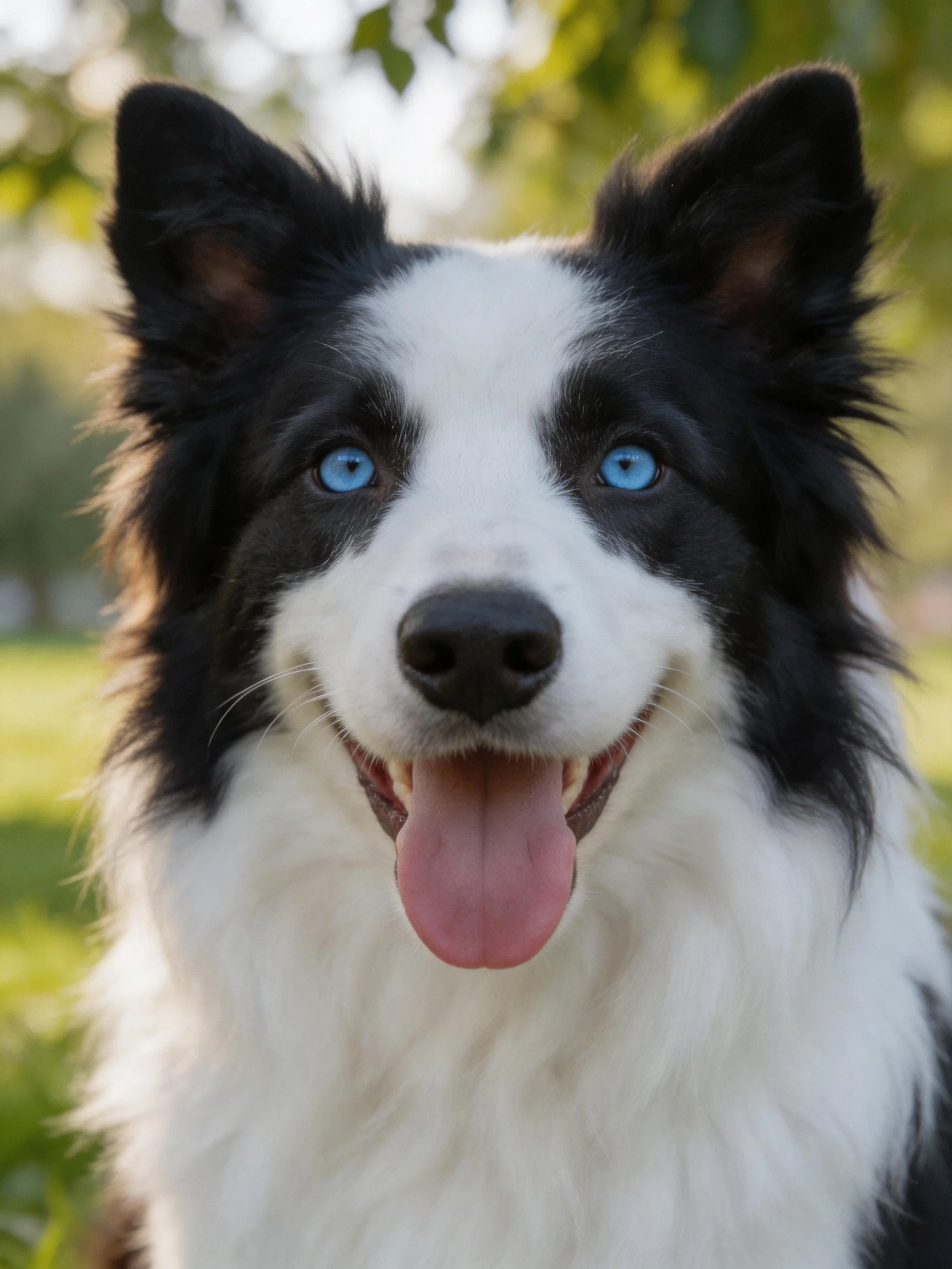 Black and white dog with bright blue eyes in an outdoor setting