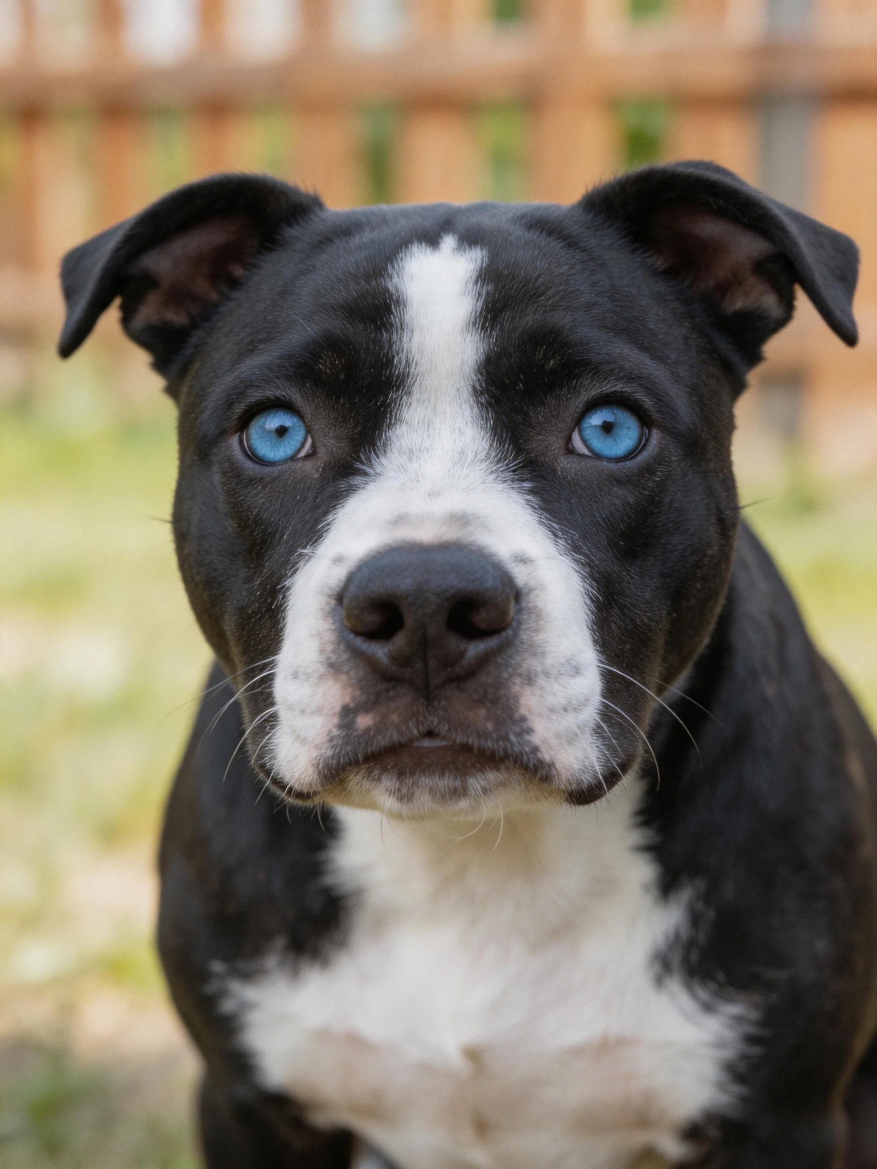 Black and white dog with bright blue eyes near a wooden fence