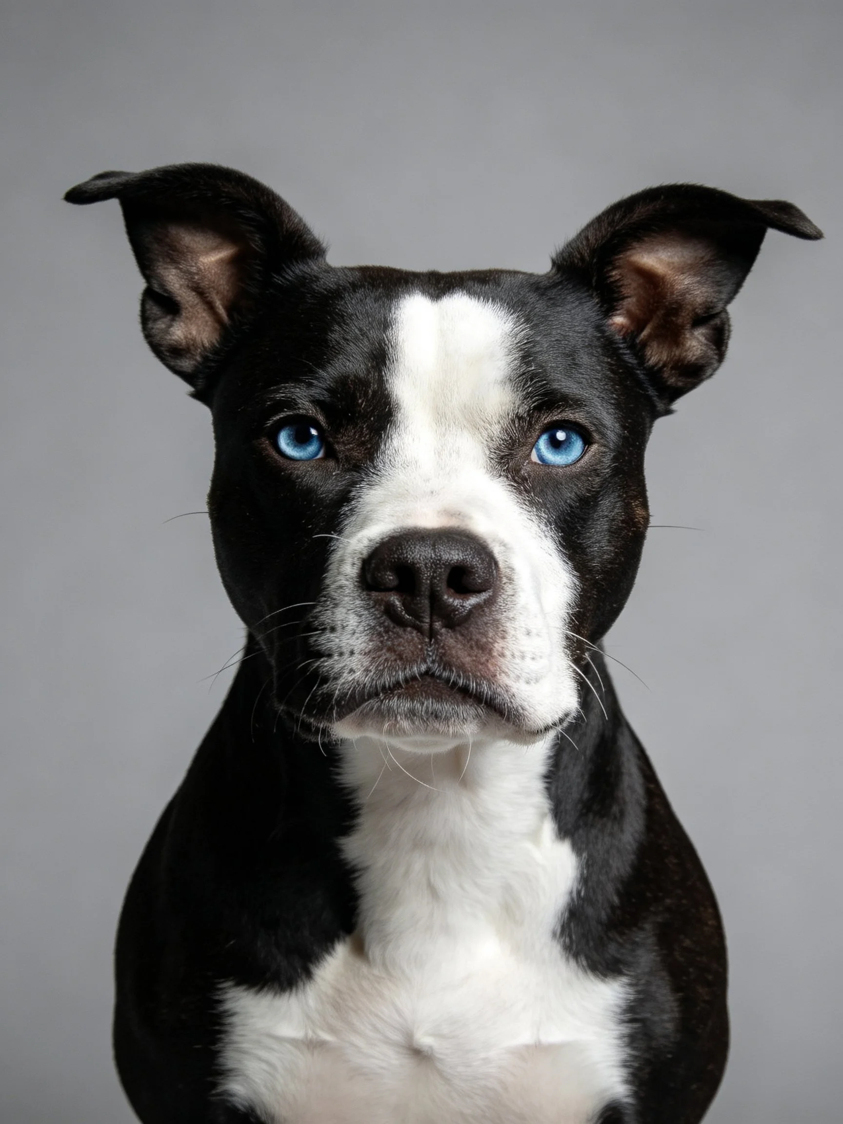 A black and white dog with blue eyes stands before a plain gray background.