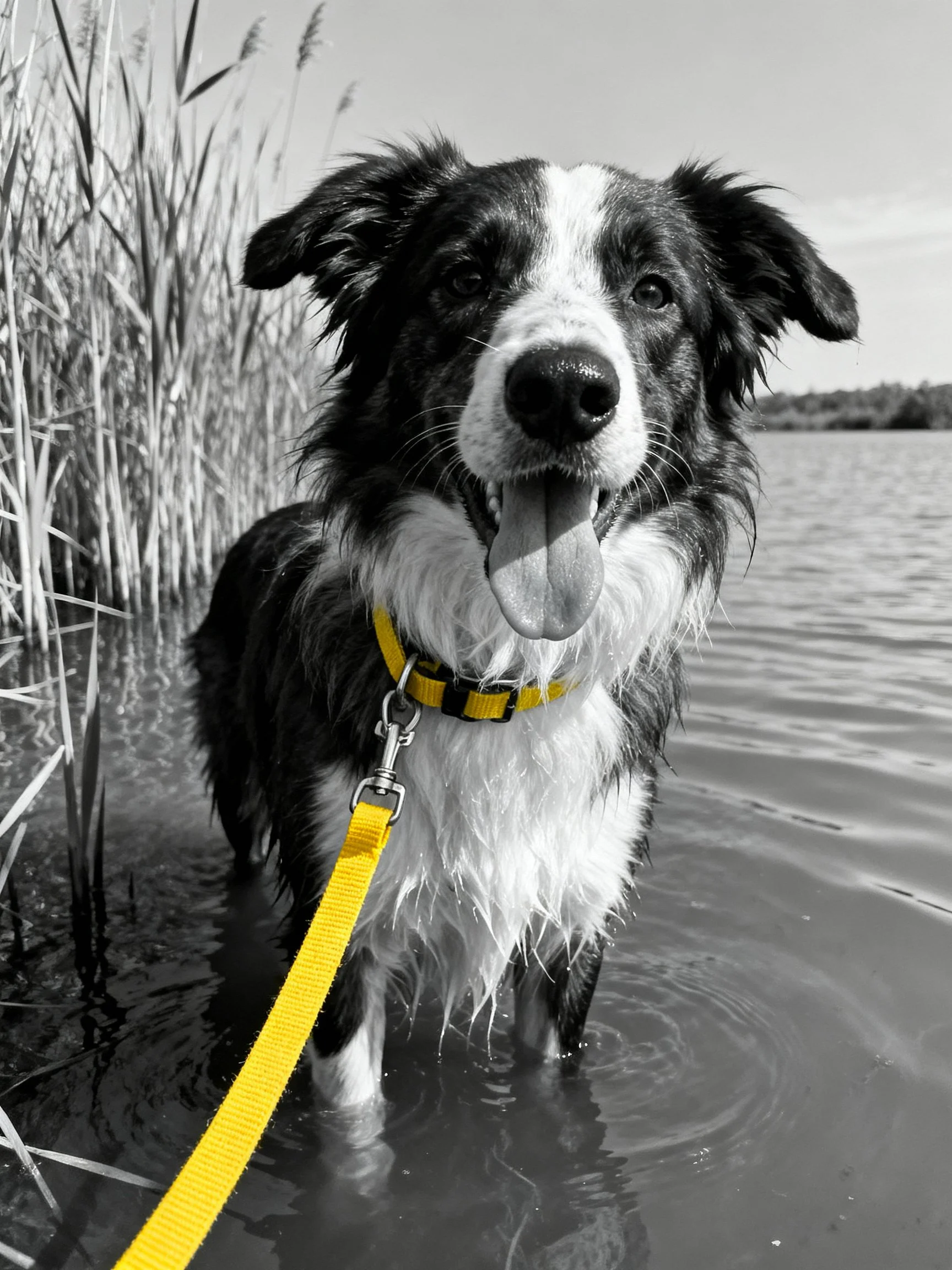 A black and white dog stands in shallow water wearing a bright yellow collar.