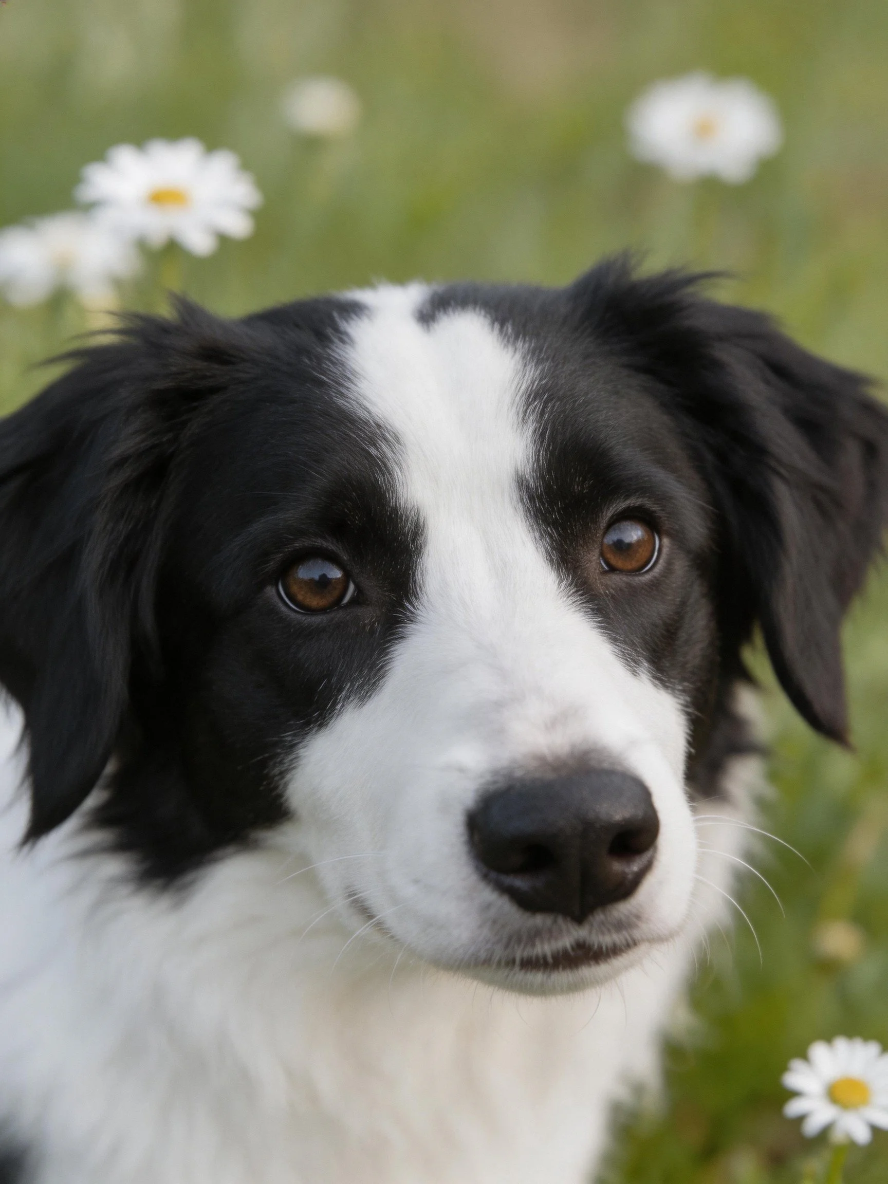 Black and white dog with daisies in a green meadow