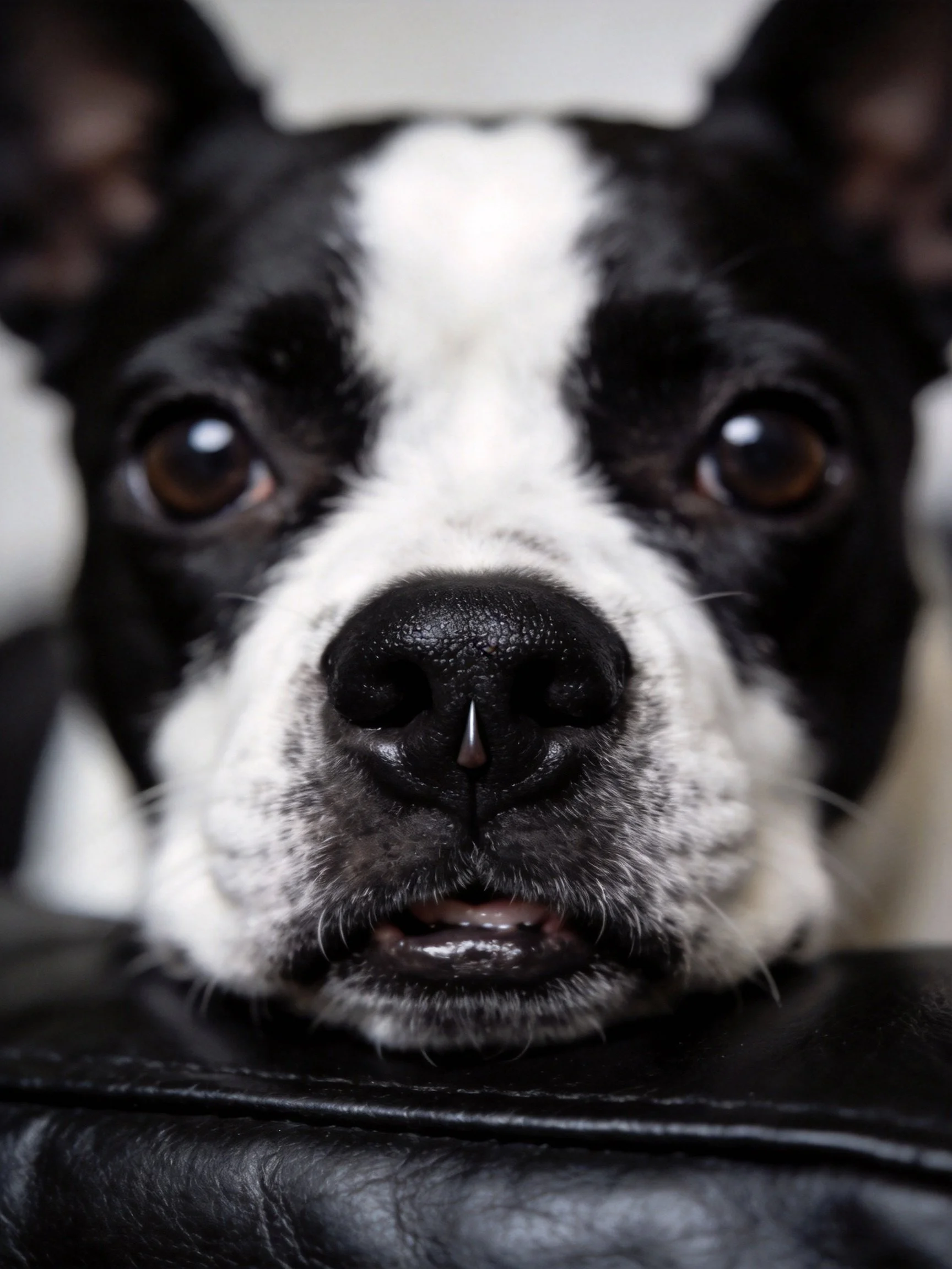 Close - up of a black and white dog with large brown eyes on dark leather.
