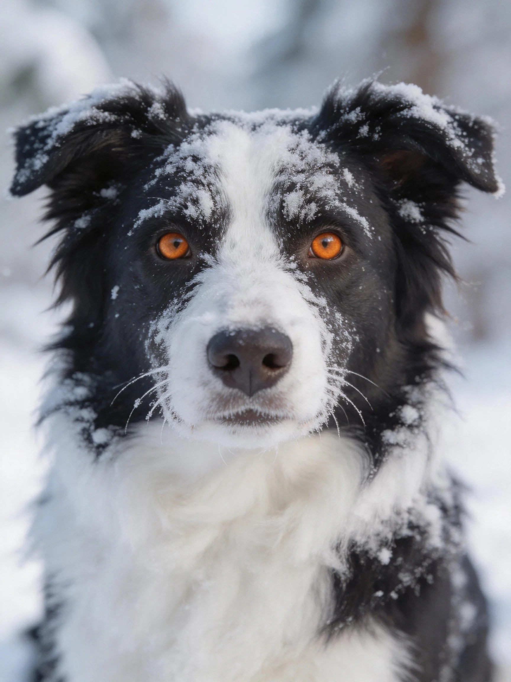 A black and white dog with bright orange eyes is covered in snowflakes outdoors.