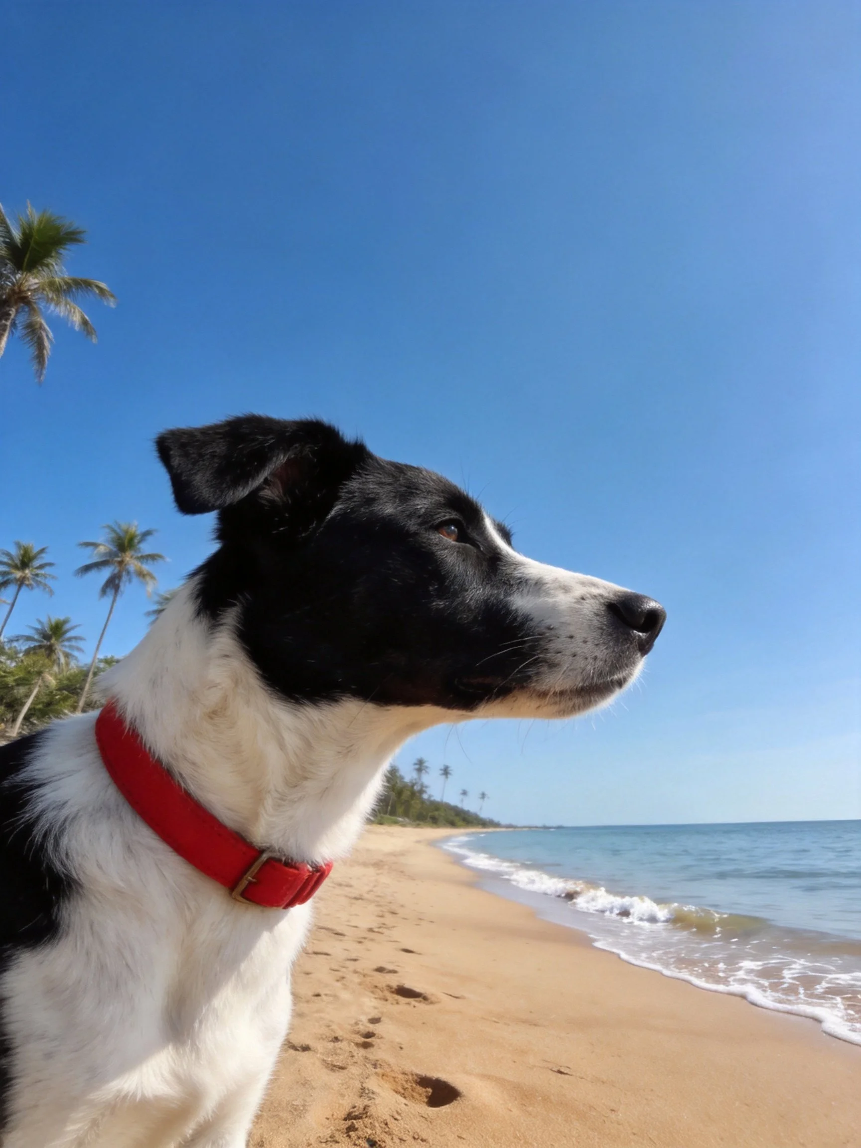 A black and white dog with a red collar is on a sandy beach near palm trees.