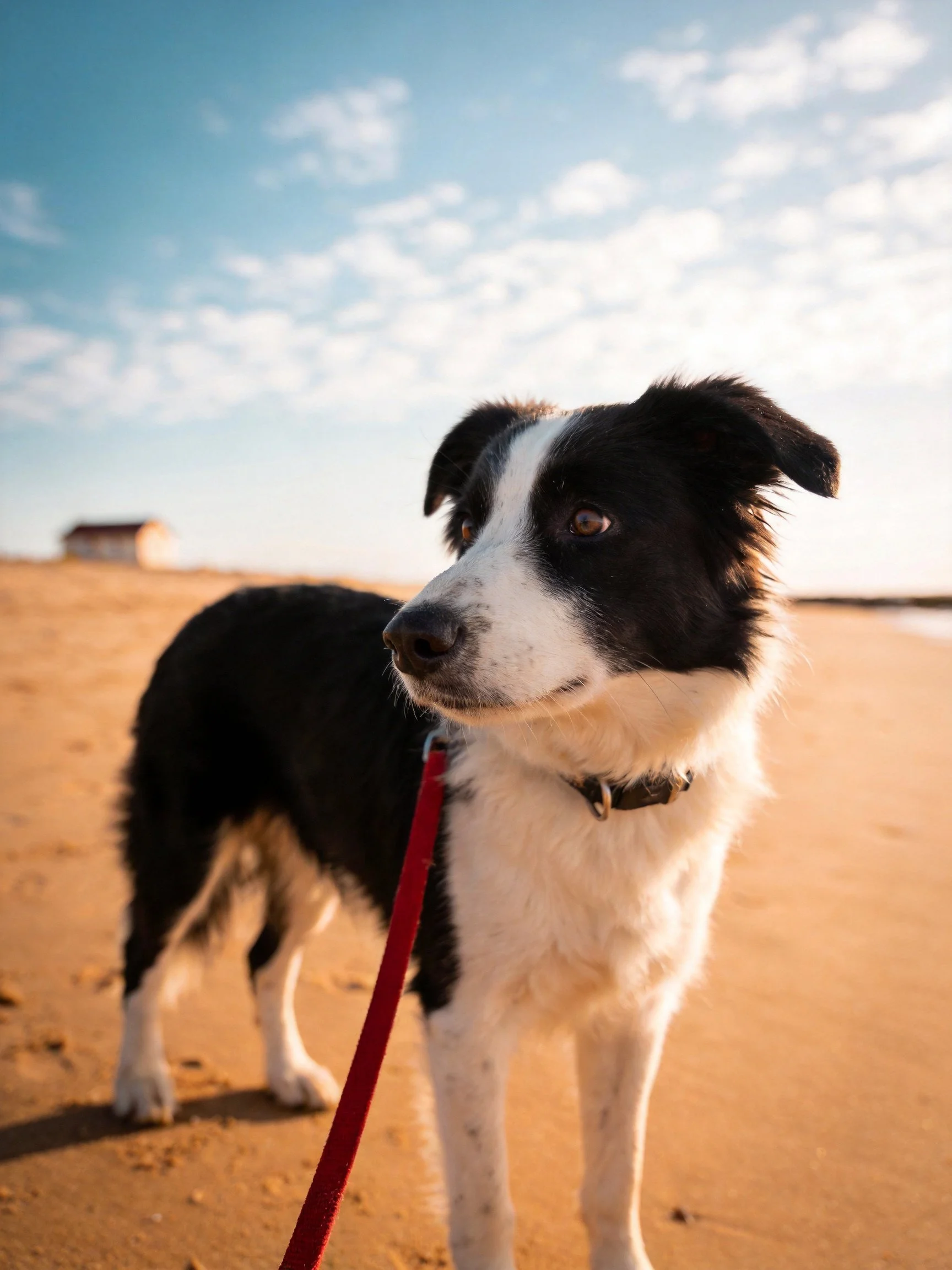 A black and white dog stands on sandy ground with a red leash near a distant structure.