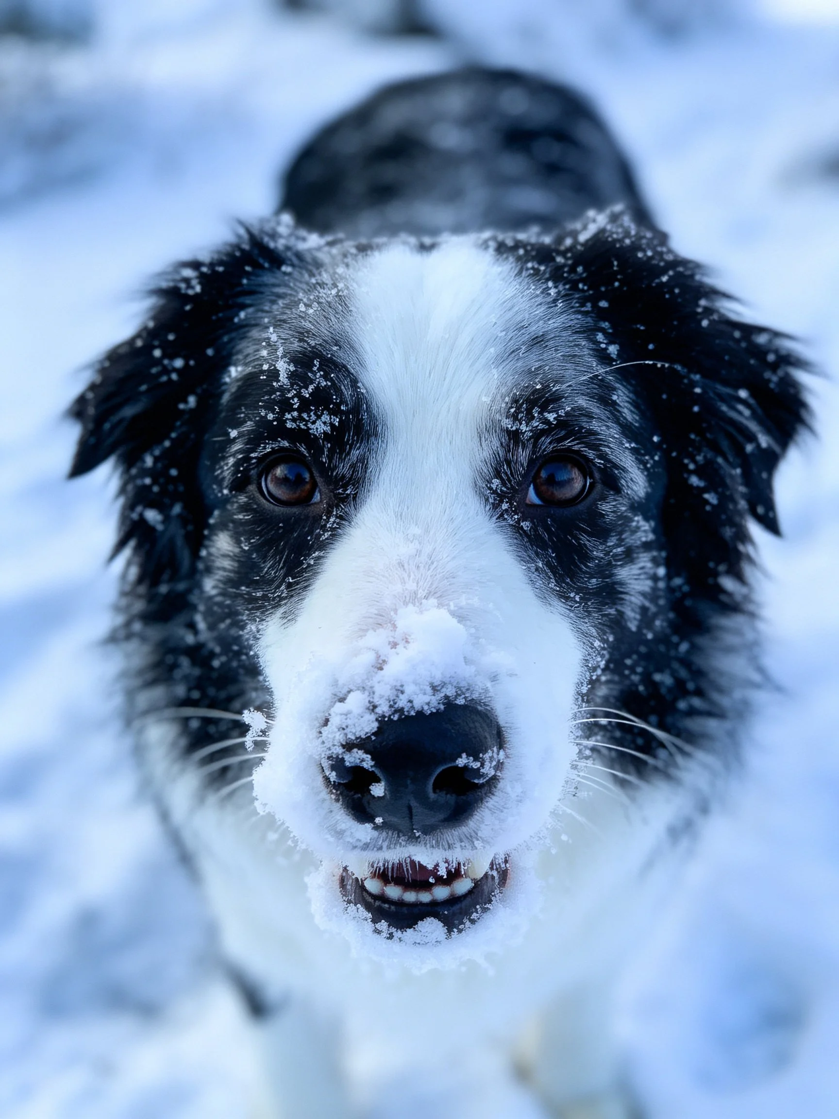 A black and white dog with snow on its face in a snowy outdoor setting.