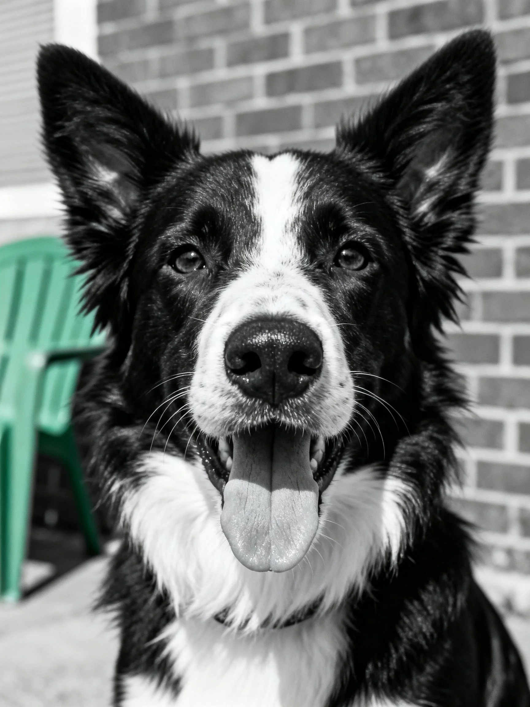 Black and white dog with upright ears near brick wall