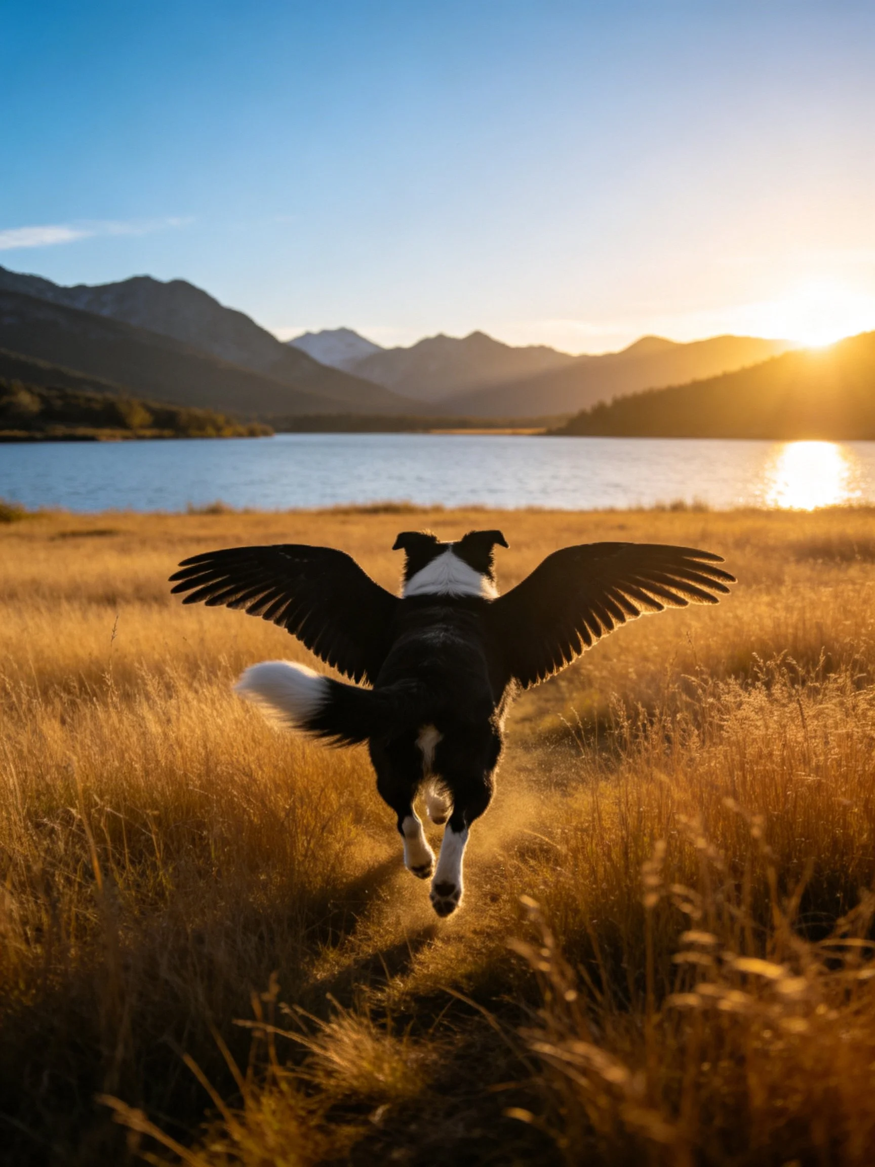 A winged dog runs through golden grass near a lake at sunset.