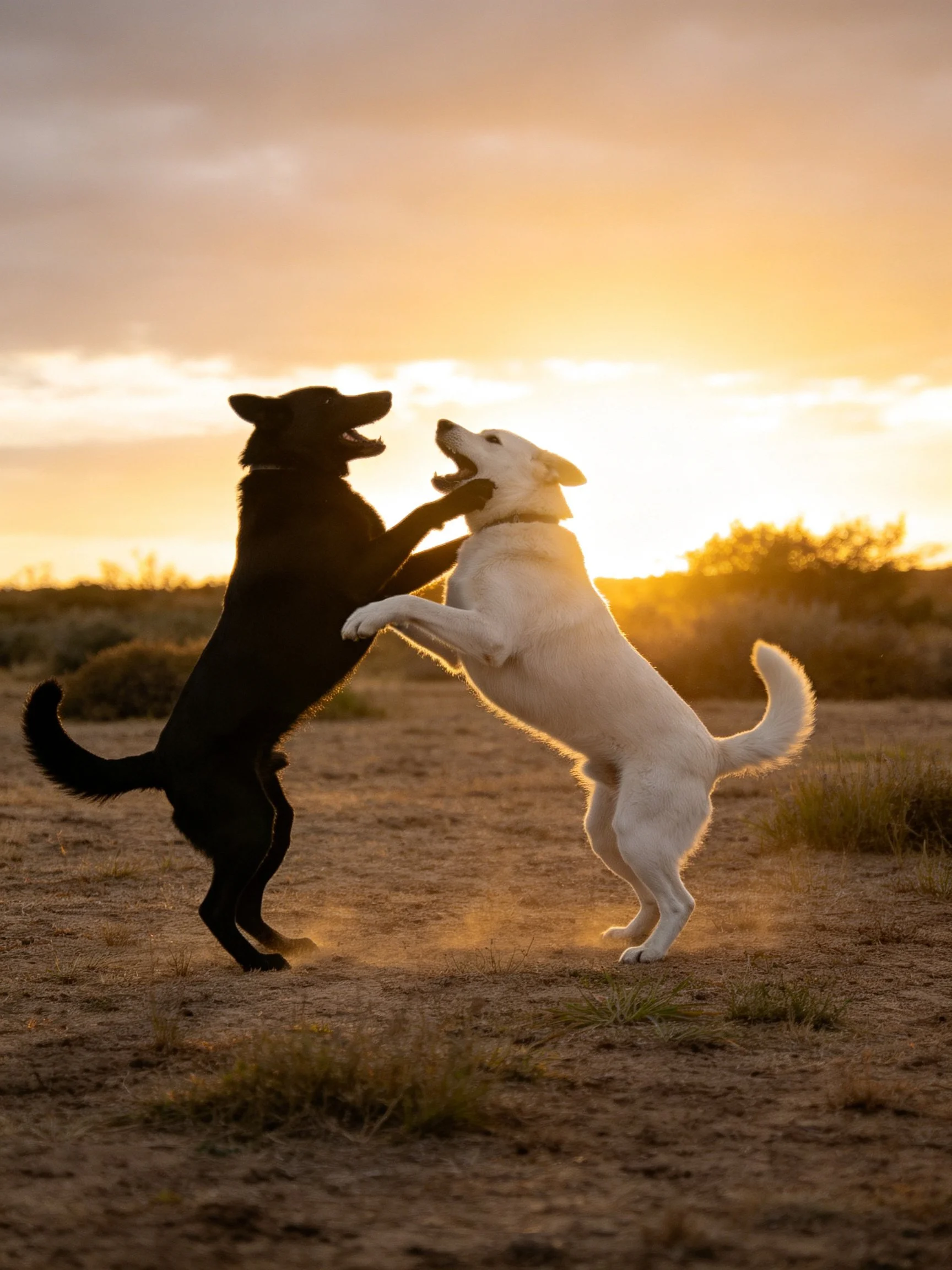 Two dogs, one black andone white, play together as the sun sets over open land.