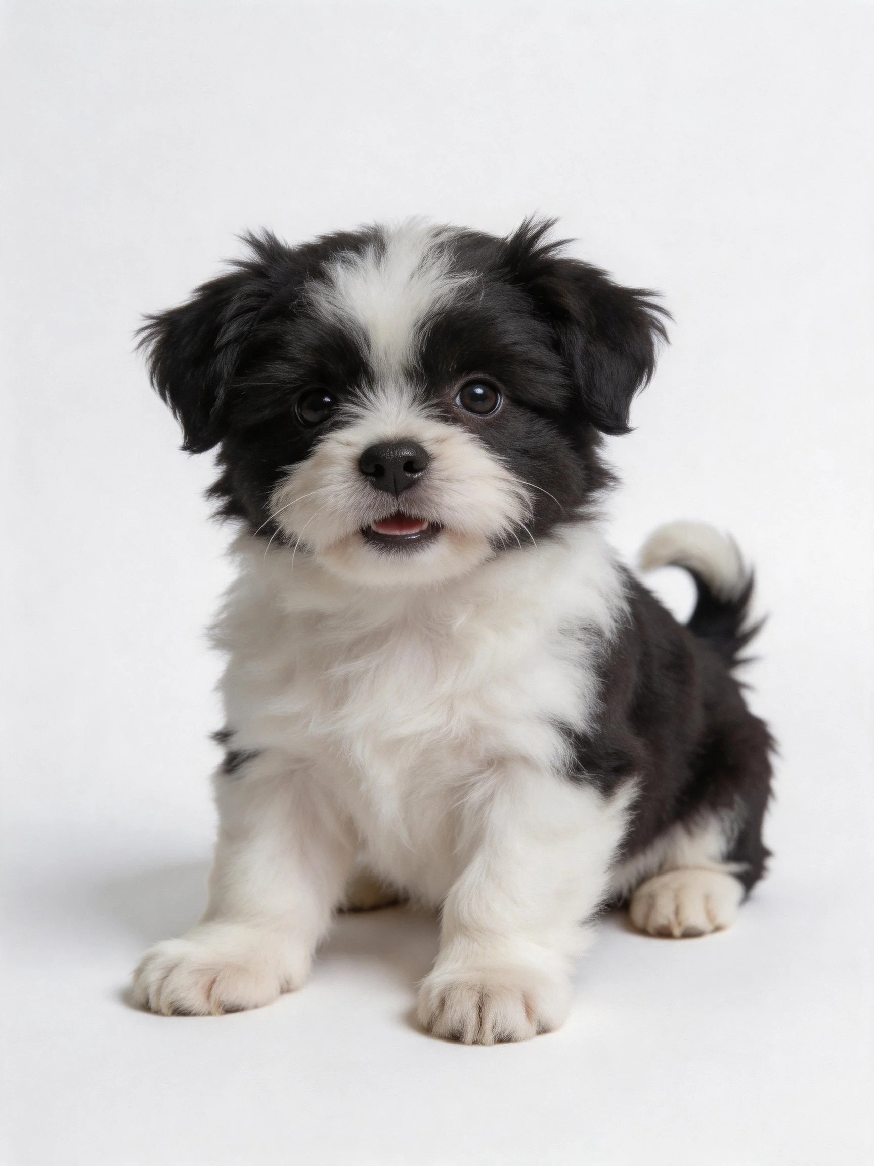 A black and white fluffy puppy sits attentively on a white surface.