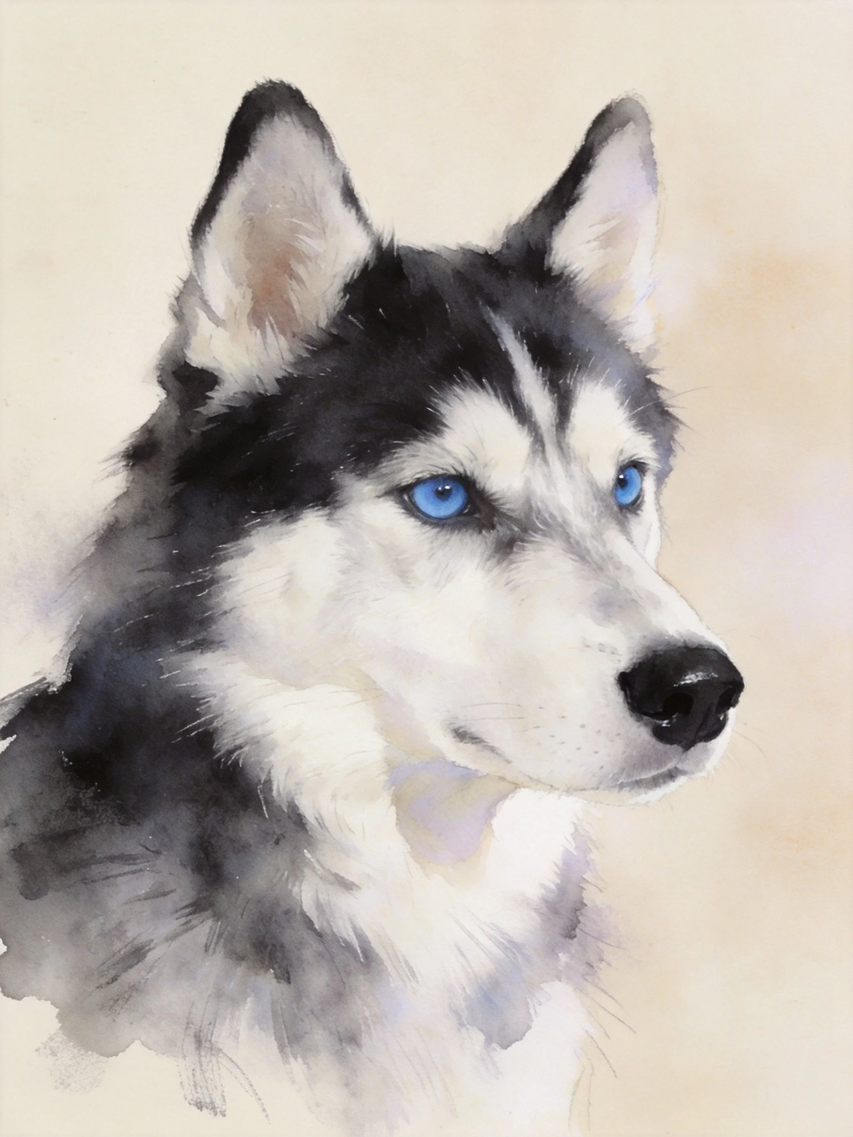 Watercolor painting of a black and white husky with striking blue eyes.