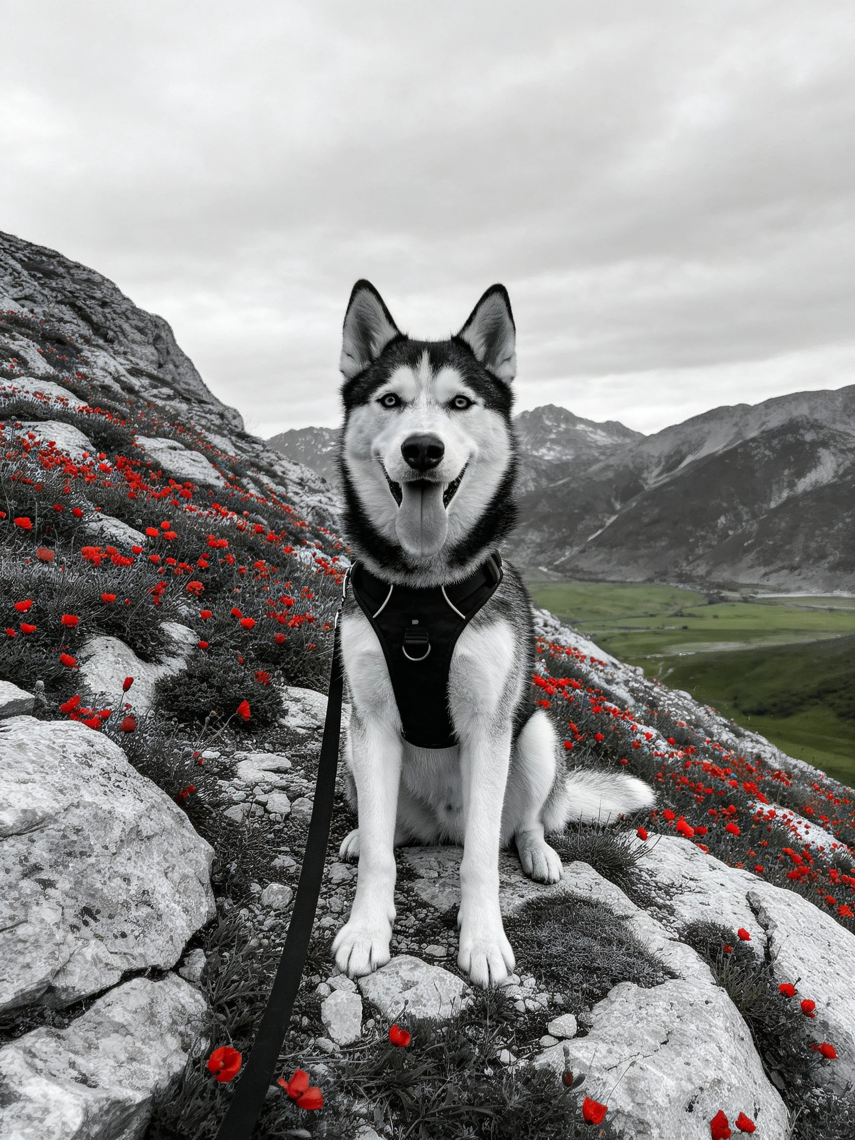A black-and-white husky sits near red wildflowers on rocky terrain with mountains in the distance
