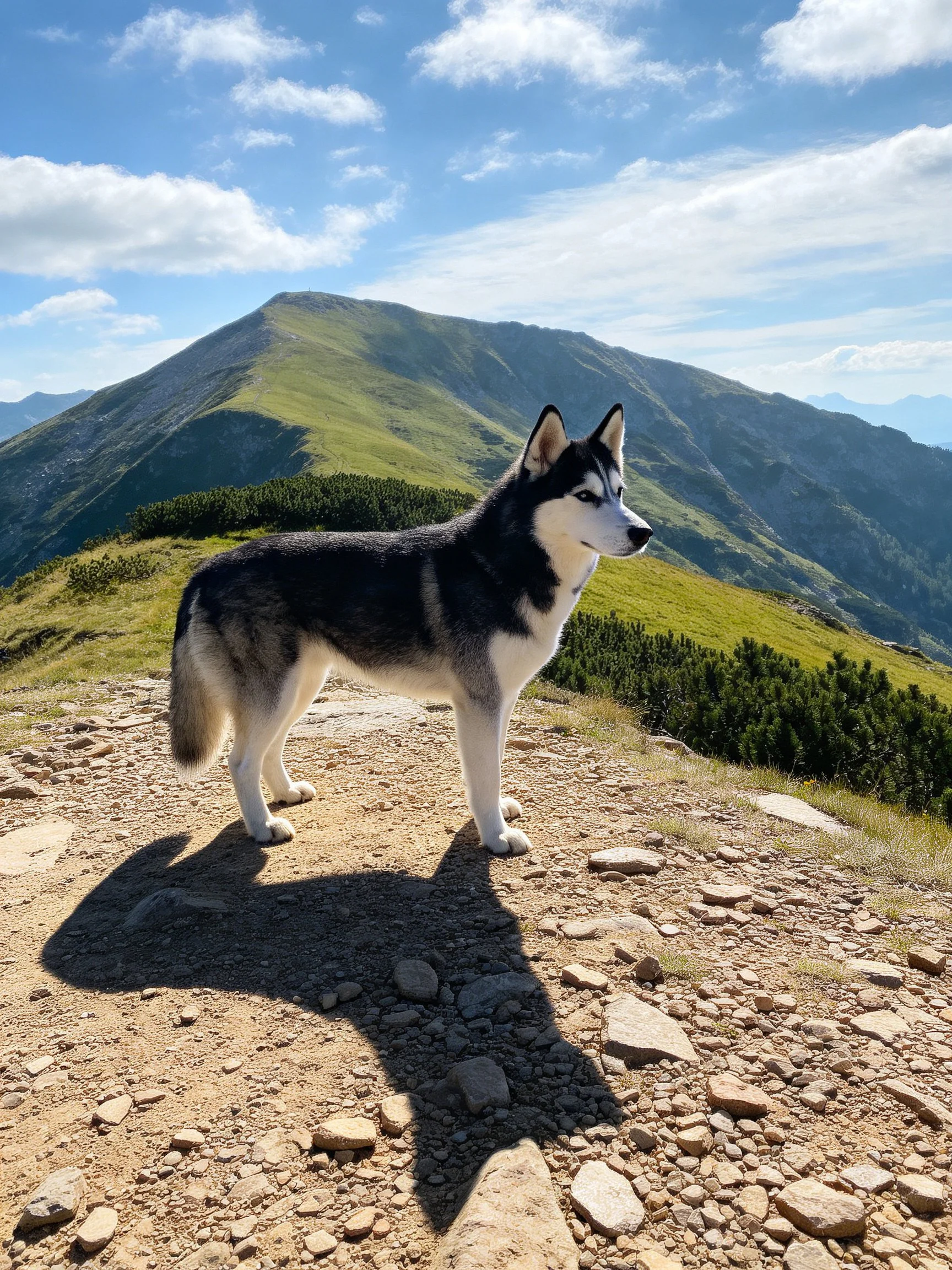 A husky stands on a rocky mountain trail near green hills.
