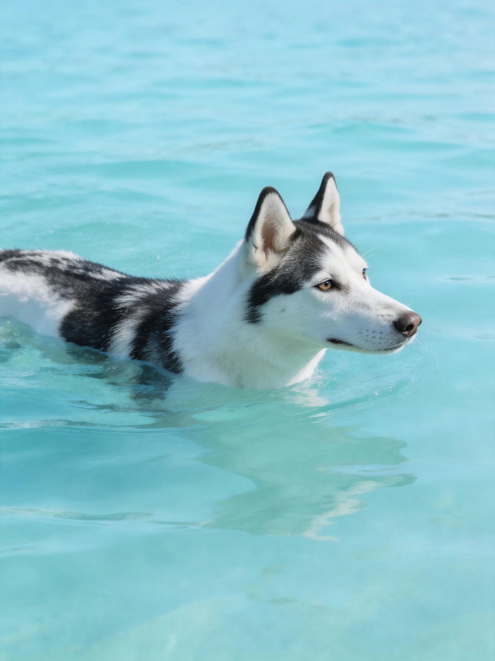A black and white husky swims in calm turquoise water.
