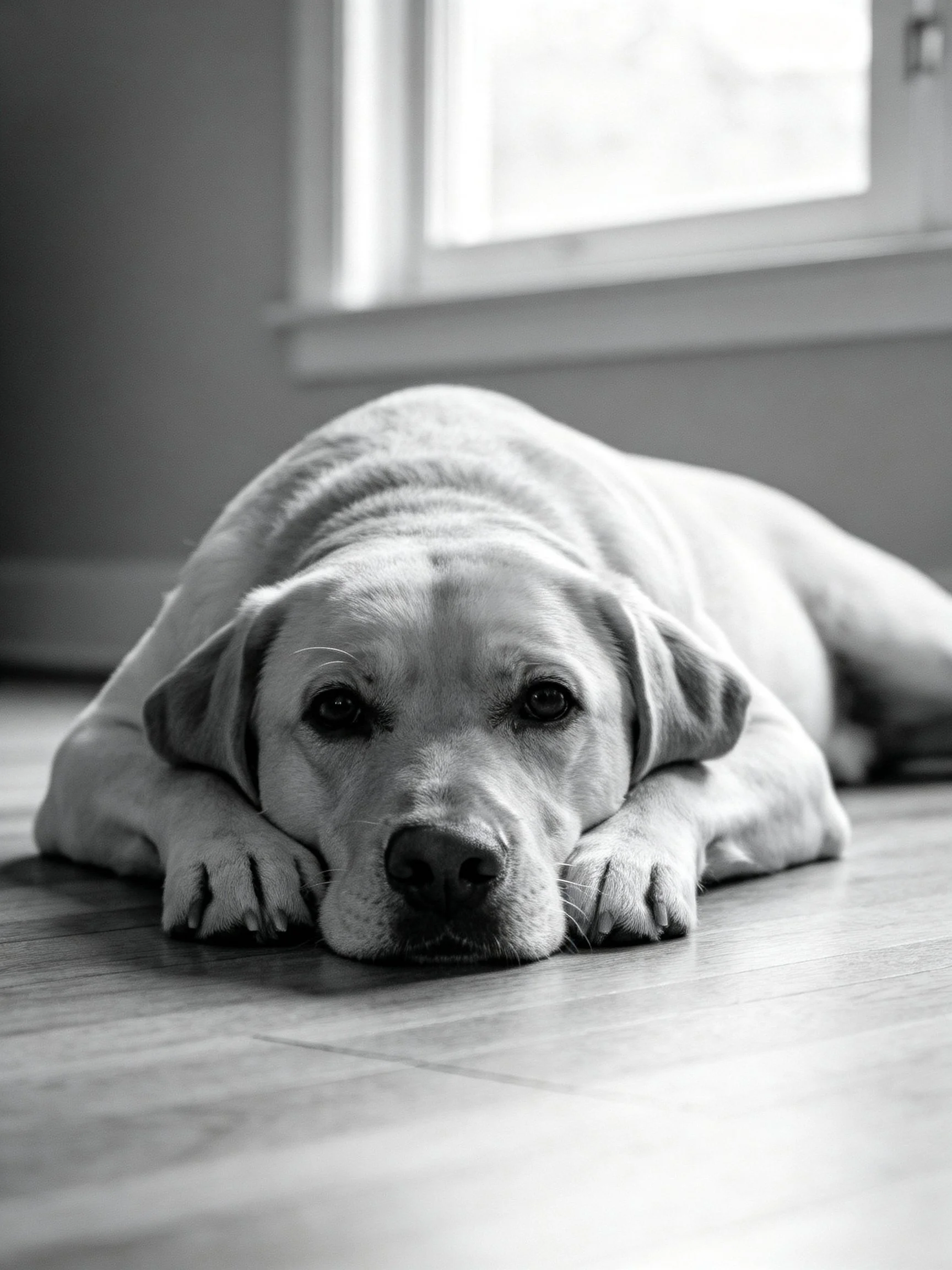 Black - and - white photo of a Labrador retriever resting indoors