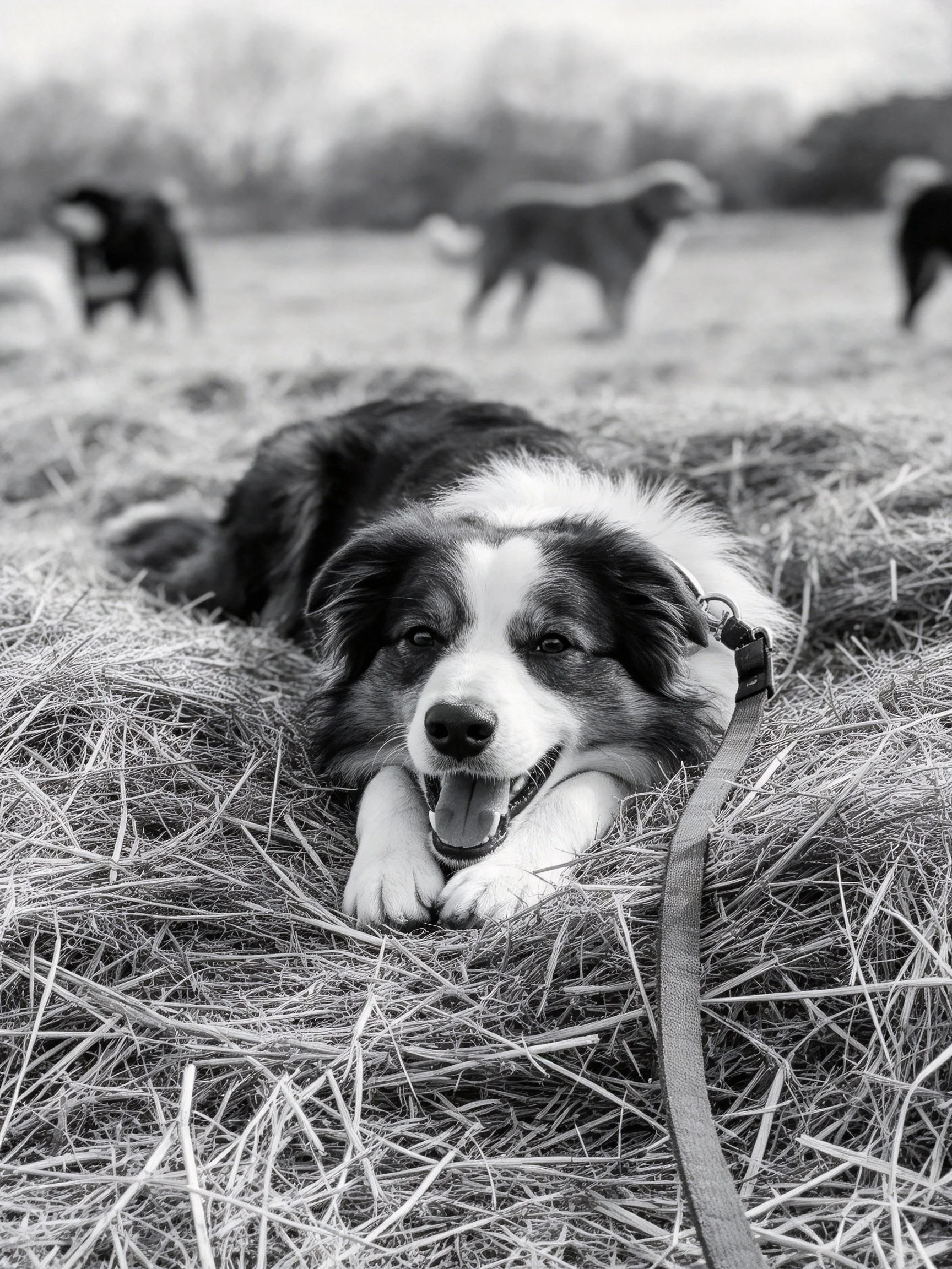 Black-and-white photo of a dog resting on straw with leashed companions