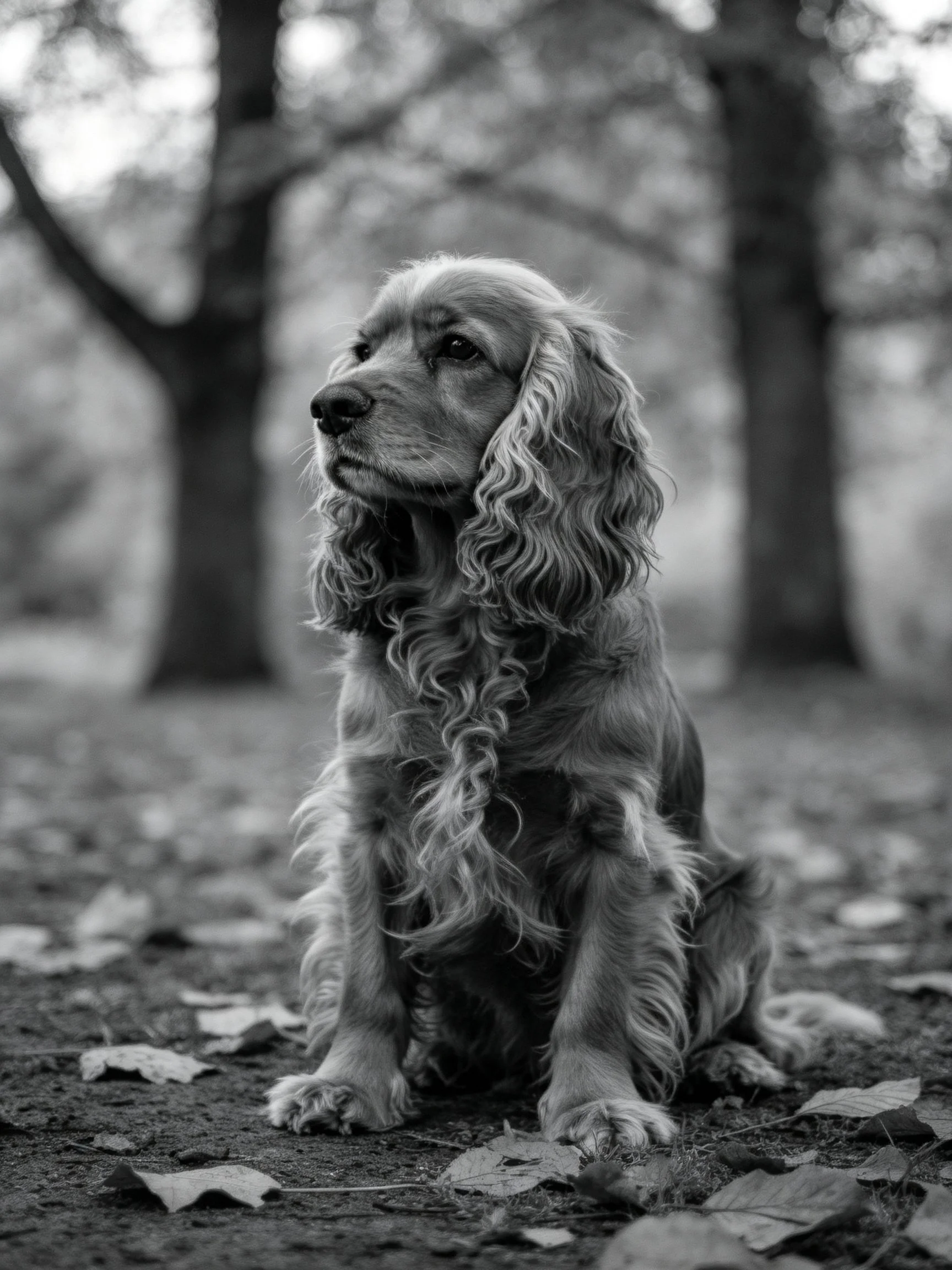Black - and - white photograph of a Cocker Spaniel near trees