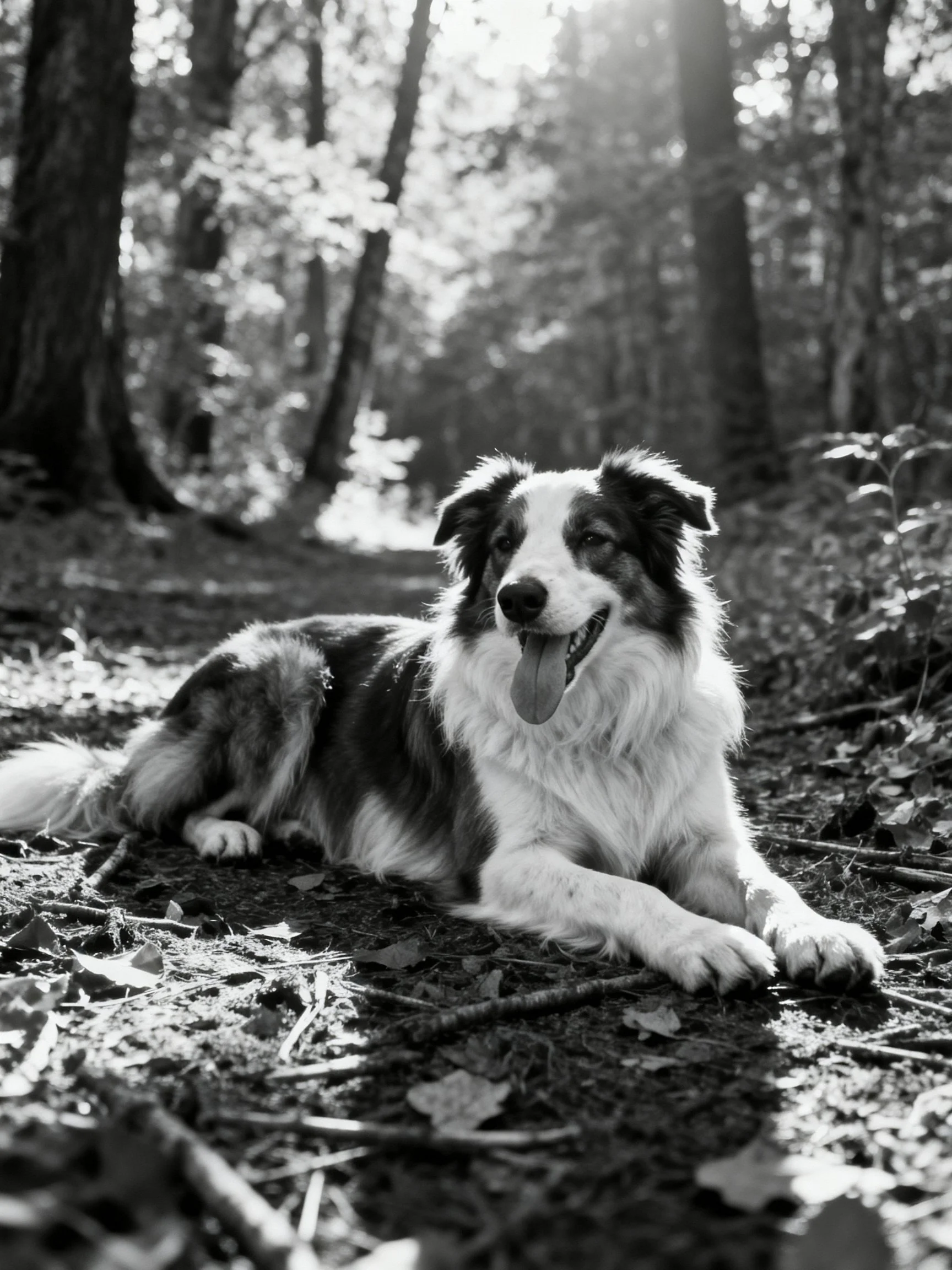Black - and - white photograph of a content dog resting in a forest clearing