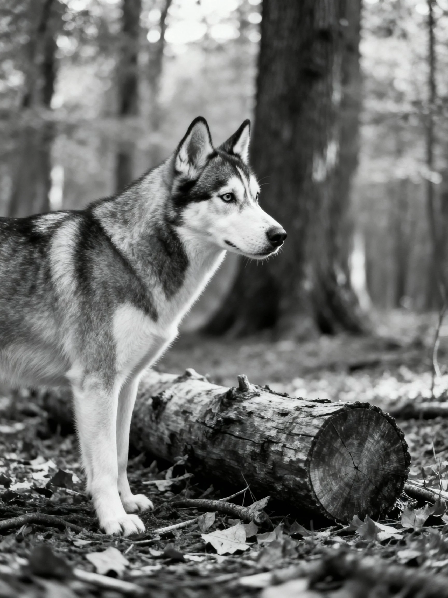 A husky stands beside a log in a black - and - white forest scene.