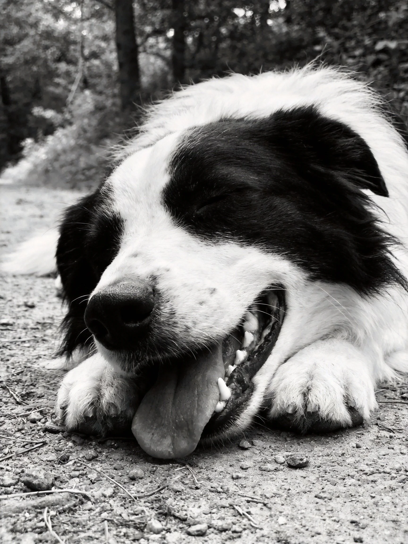 Black and white photograph of a relaxed dog resting on a gravel path