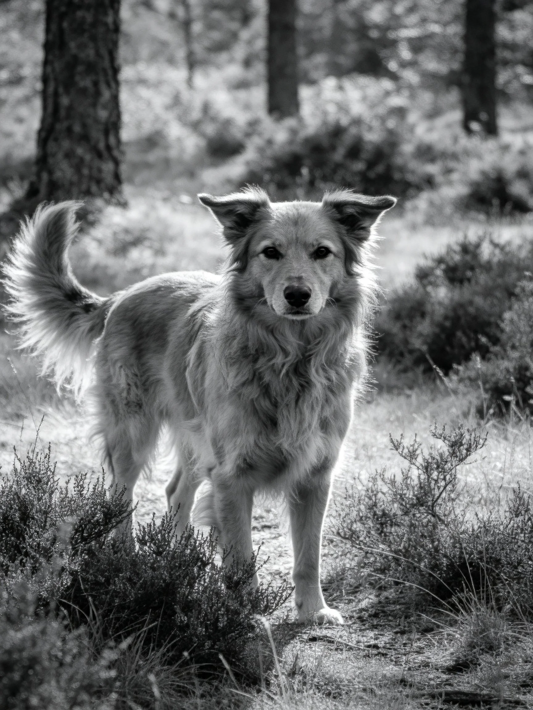 Black - and - white photograph of a shaggy dog in a forest landscape