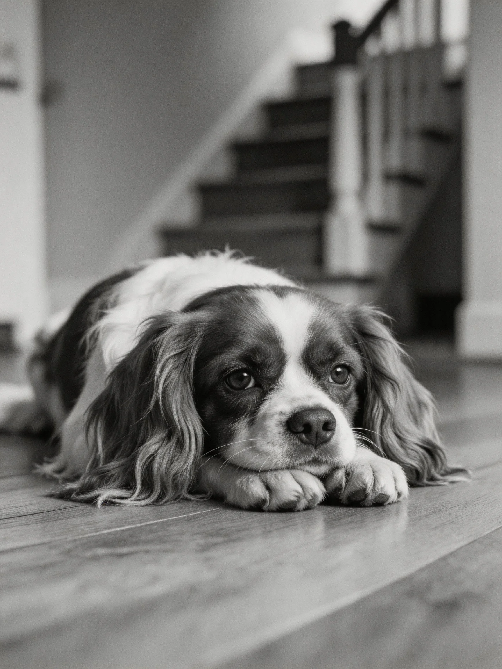 Black and white photograph of a spaniel resting near indoor stairs