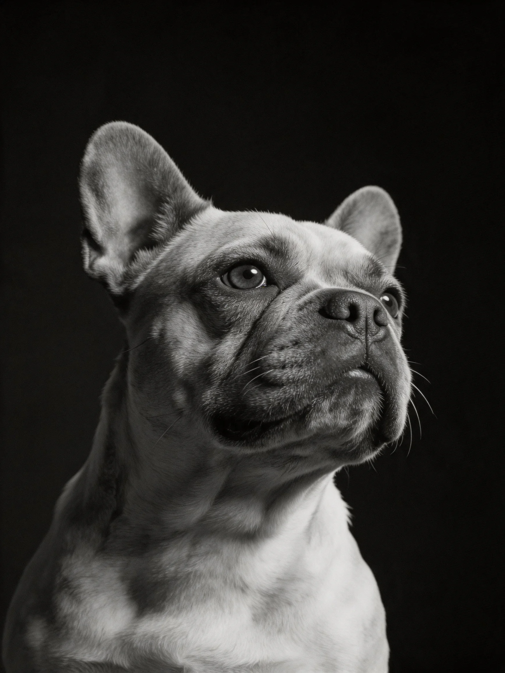 A black-and-white close-up of a French bulldog gazing upward.