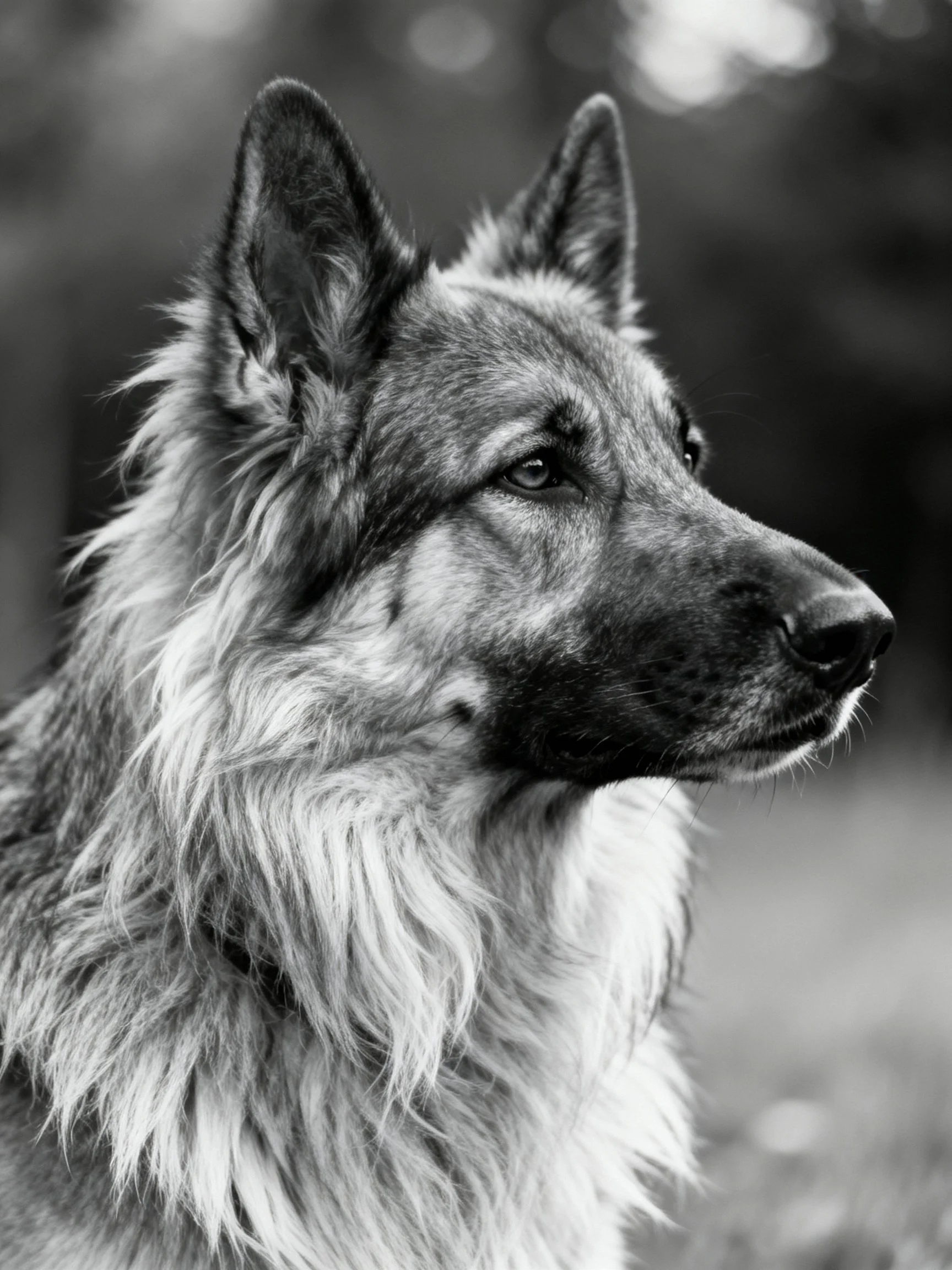 Black and white portrait of a German Shepherd dog with shaggy fur