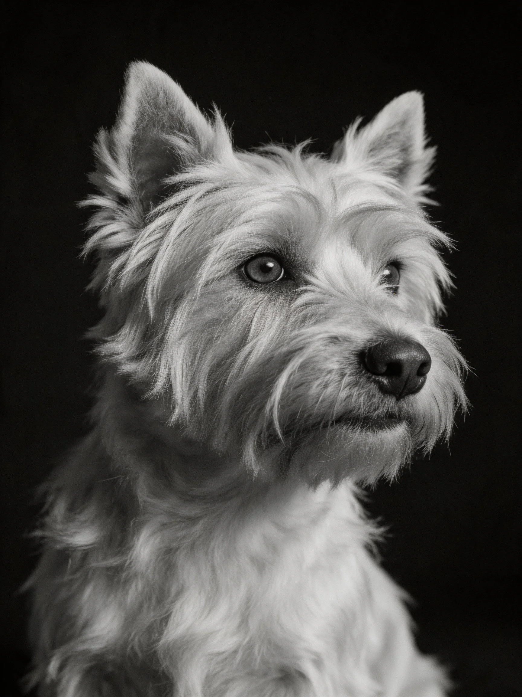 Black and white portrait of a West Highland White Terrier with shaggy fur
