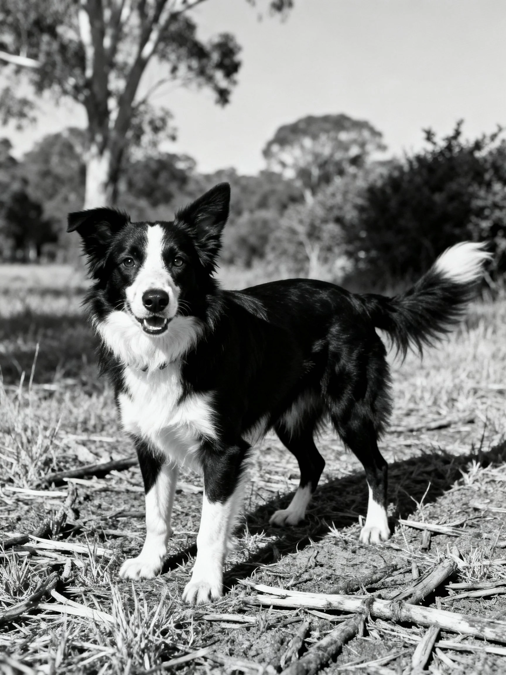 A black and white image shows a border collie dog outdoors