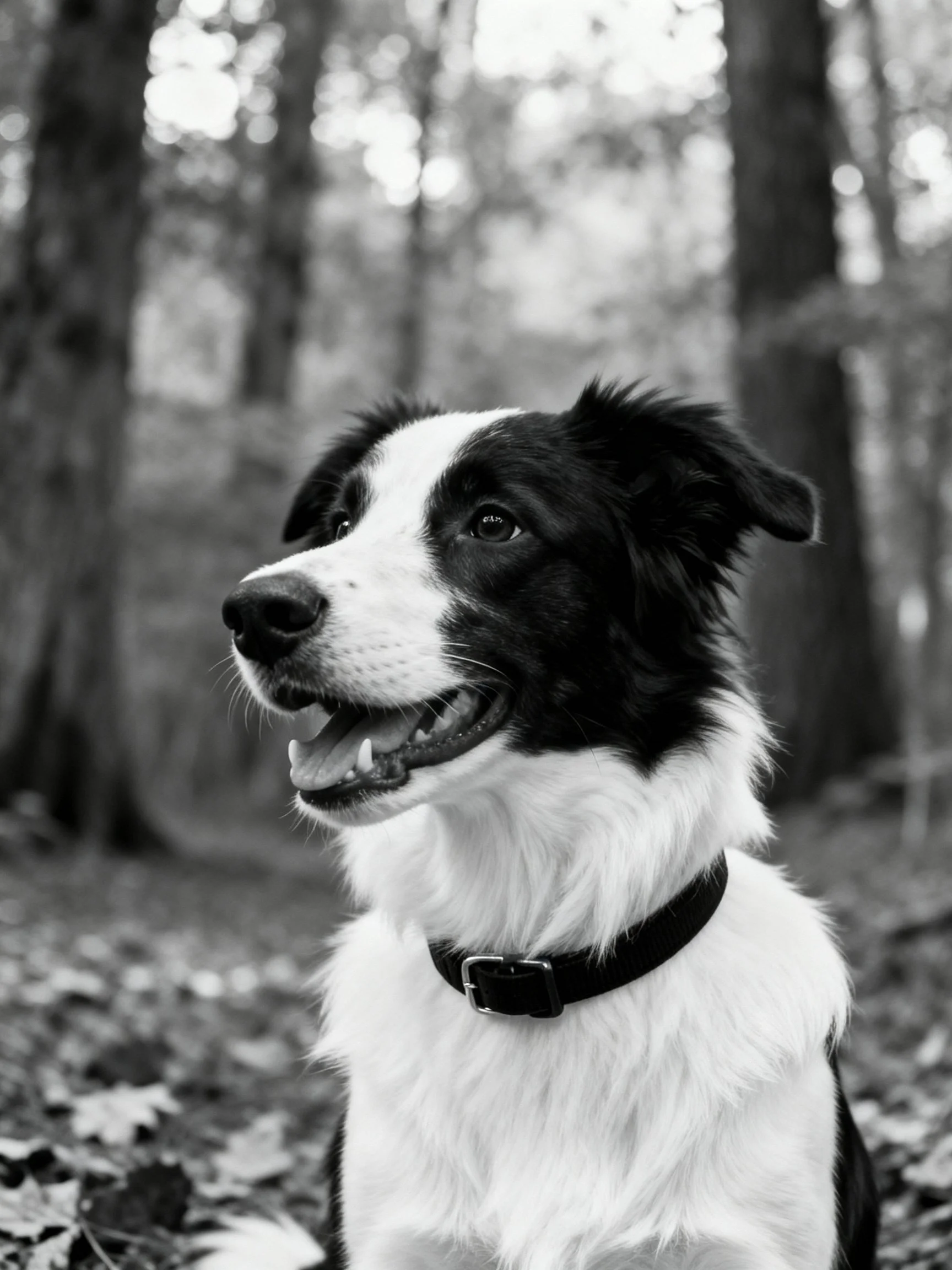 Black and white portrait of a cheerful dog in a forested setting
