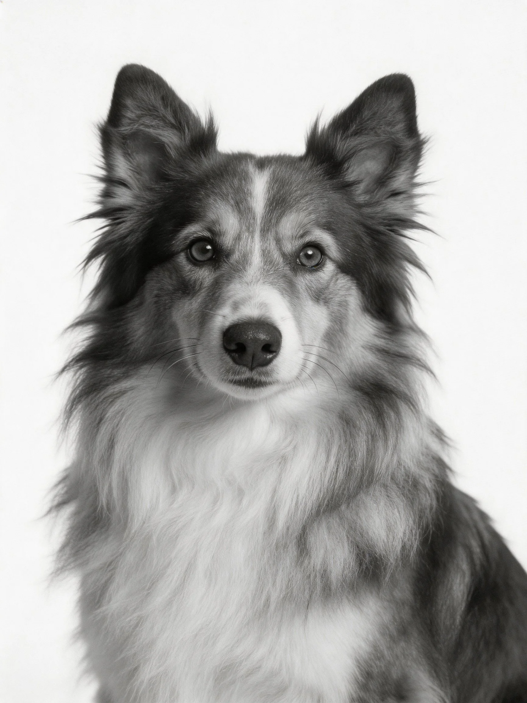 Black and white portrait of a collie with long, fluffy fur