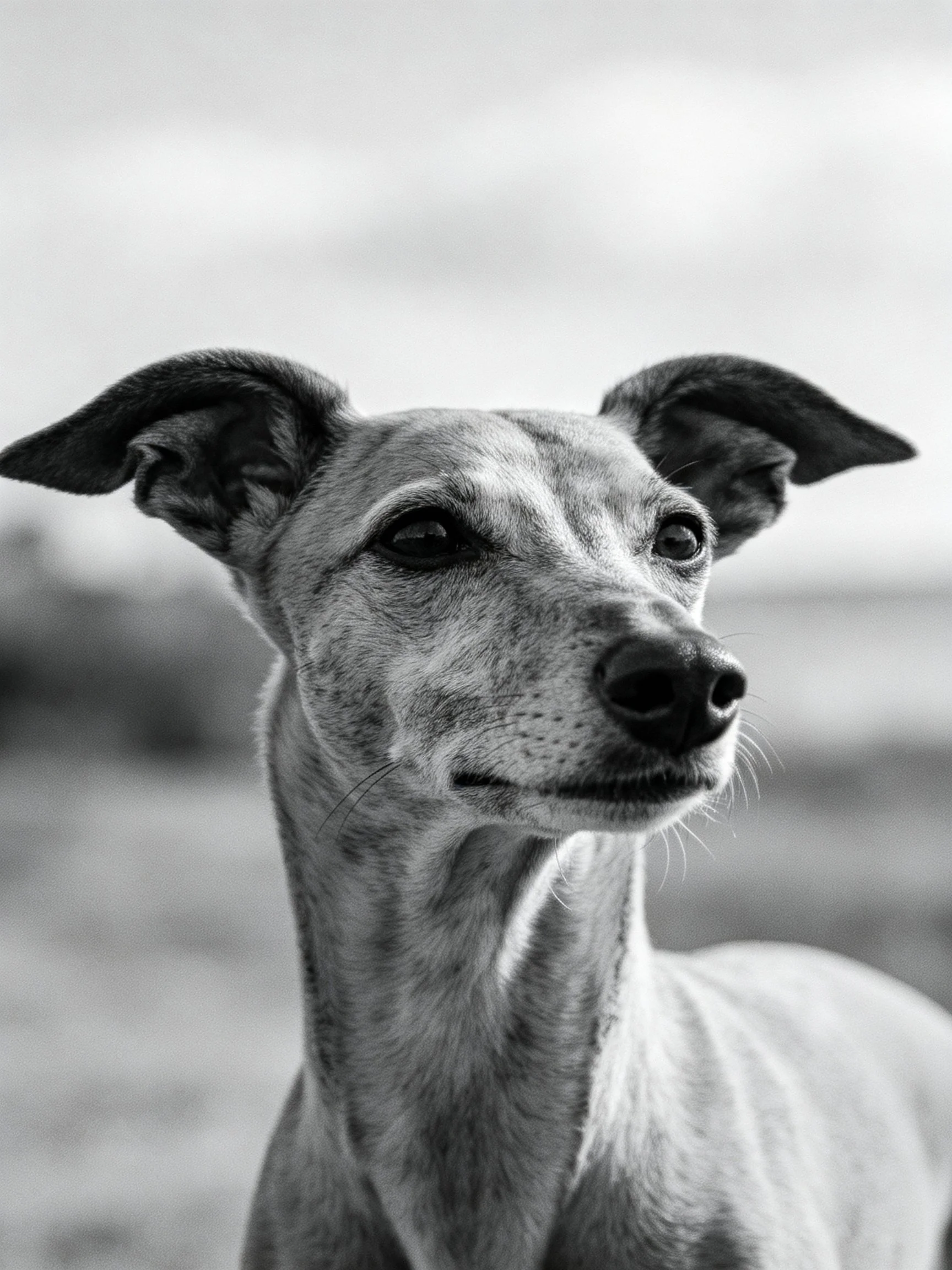 A black - and - white close - up centers on a dog with upright ears.