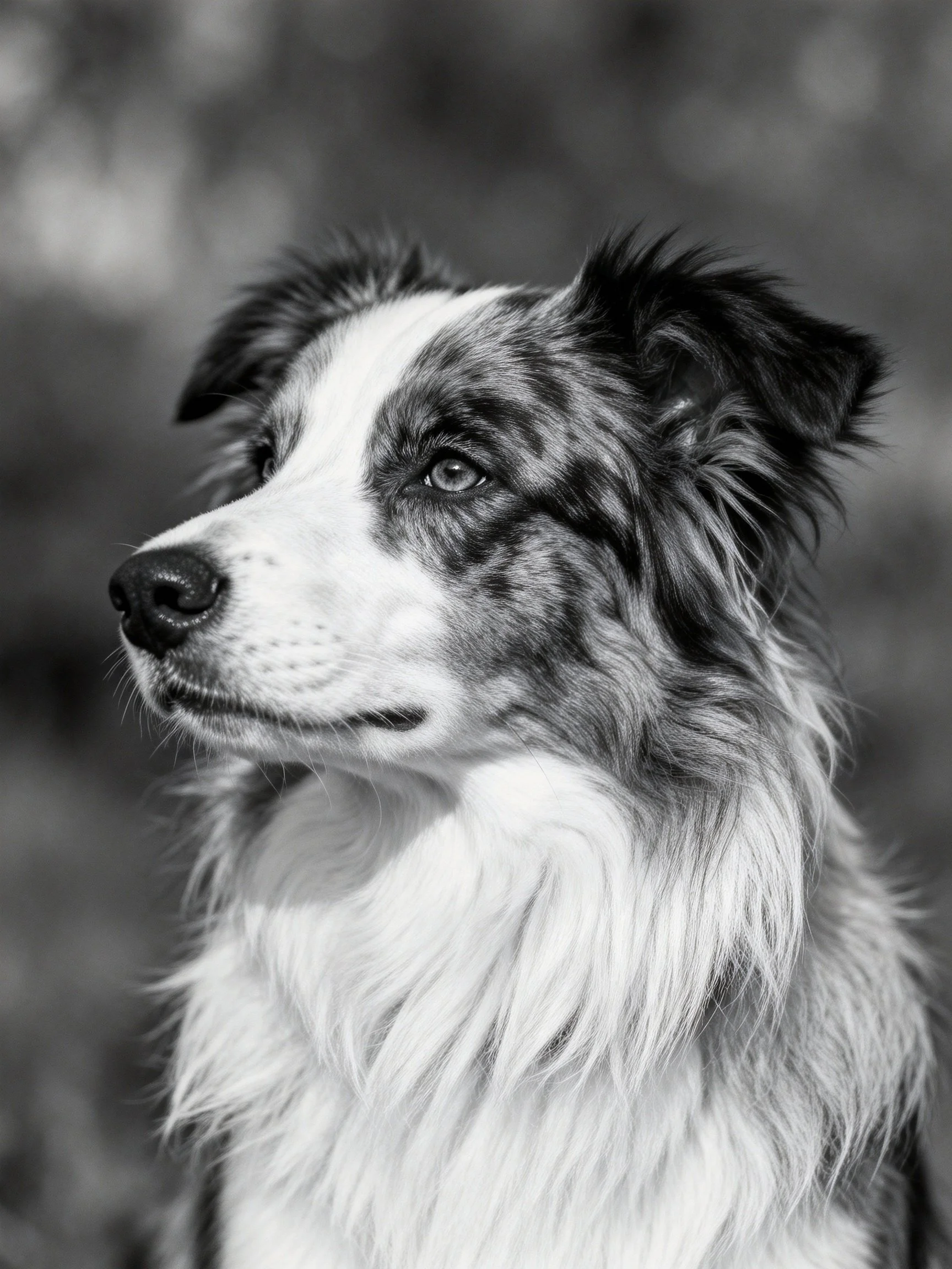 Black - and - white portrait of a fluffy Australian Shepherd