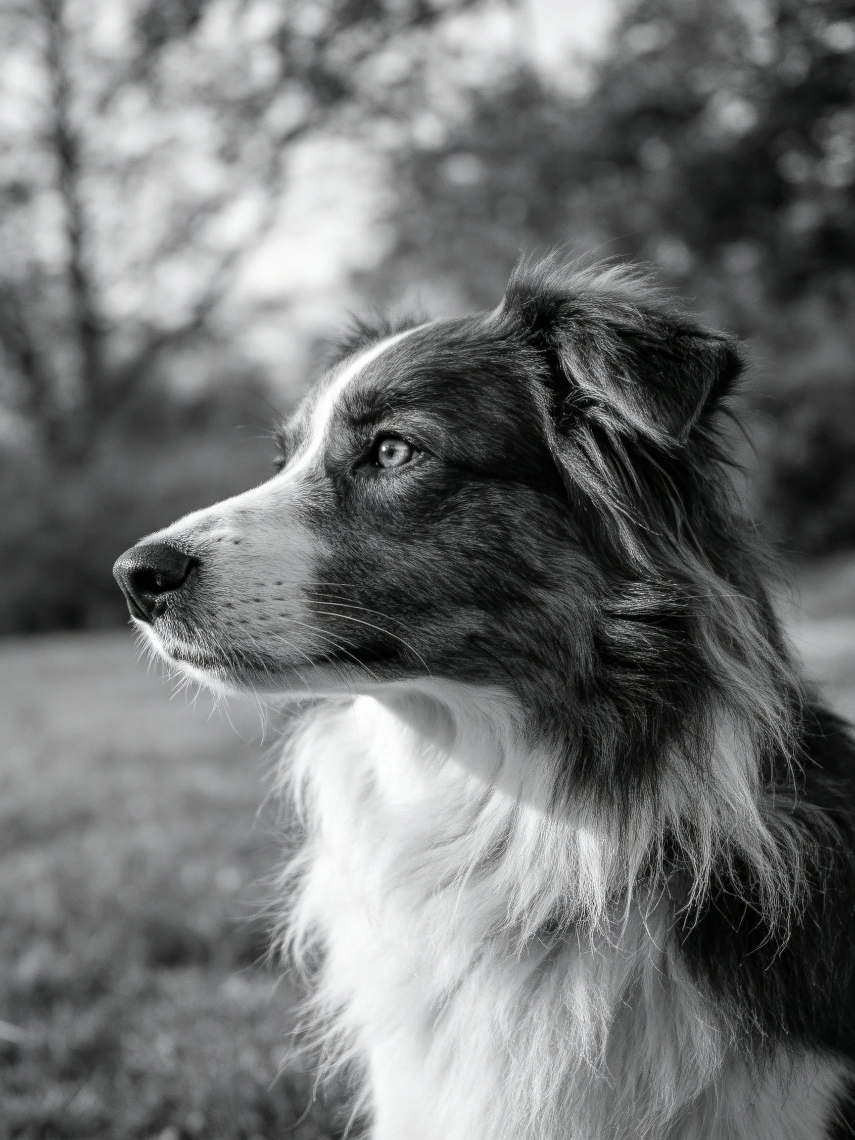 Black and white portrait of a fluffy dog outdoors