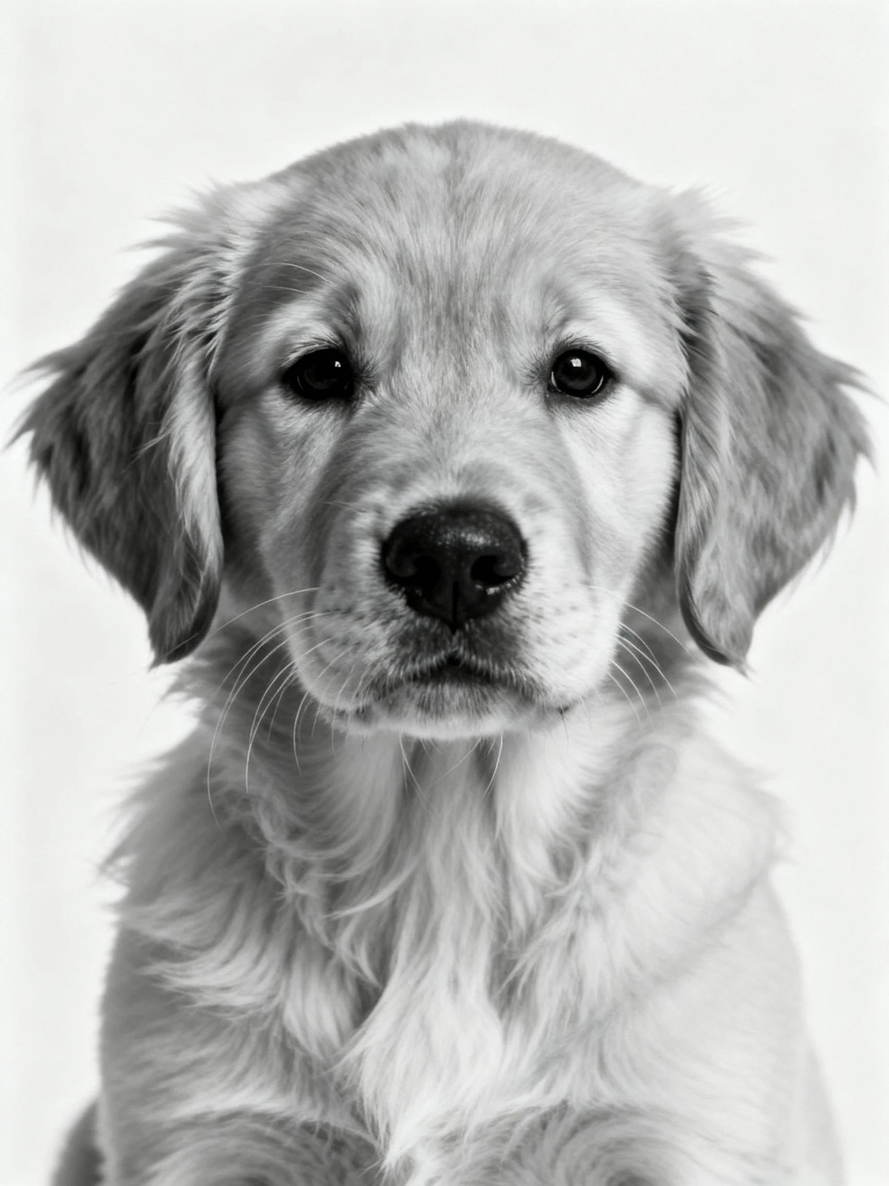 Close-up of a golden retriever puppy in monochrome photography.